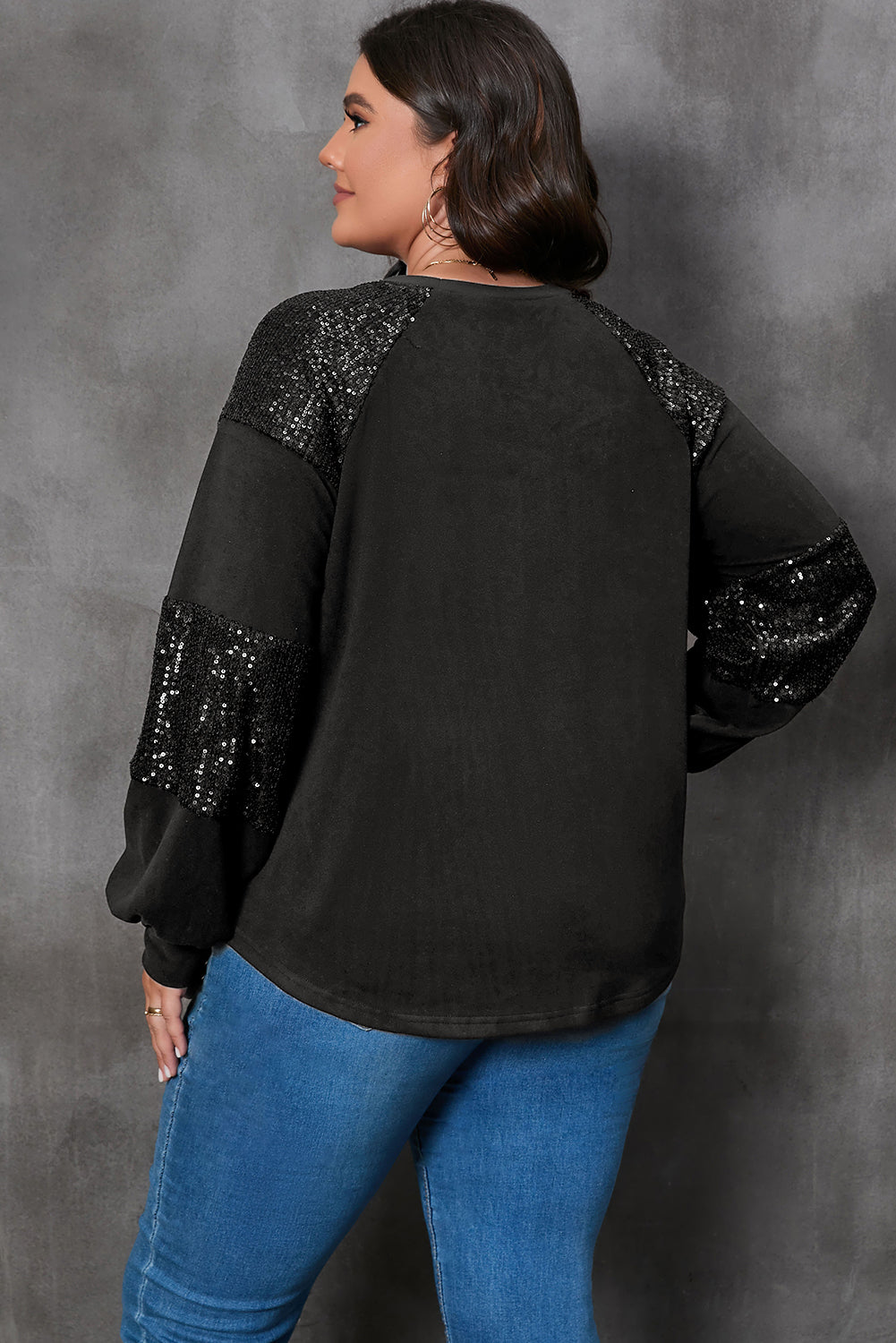 Black Plus Size Sequin Patchwork Crew Neck Long Sleeve Top-Plus Size/Plus Size Tops/Plus Size Long Sleeve Tops-[Adult]-[Female]-2022 Online Blue Zone Planet