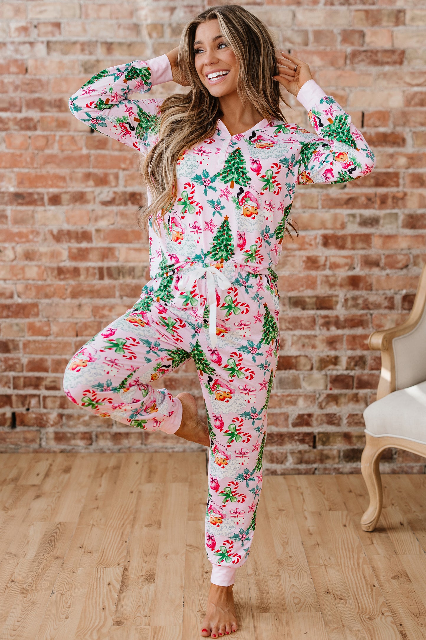 Pink Christmas Pattern Button V Neck Pullover Drawstring Pants 2pcs Lounge Set-Loungewear & Sleepwear/Loungewear-[Adult]-[Female]-2022 Online Blue Zone Planet