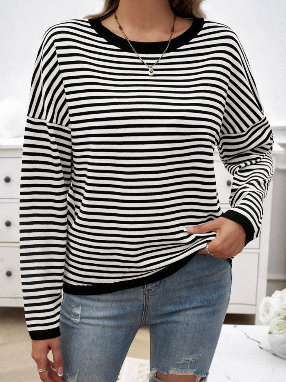 Striped Round Neck Dropped Shoulder Sweater-TOPS / DRESSES-[Adult]-[Female]-2022 Online Blue Zone Planet