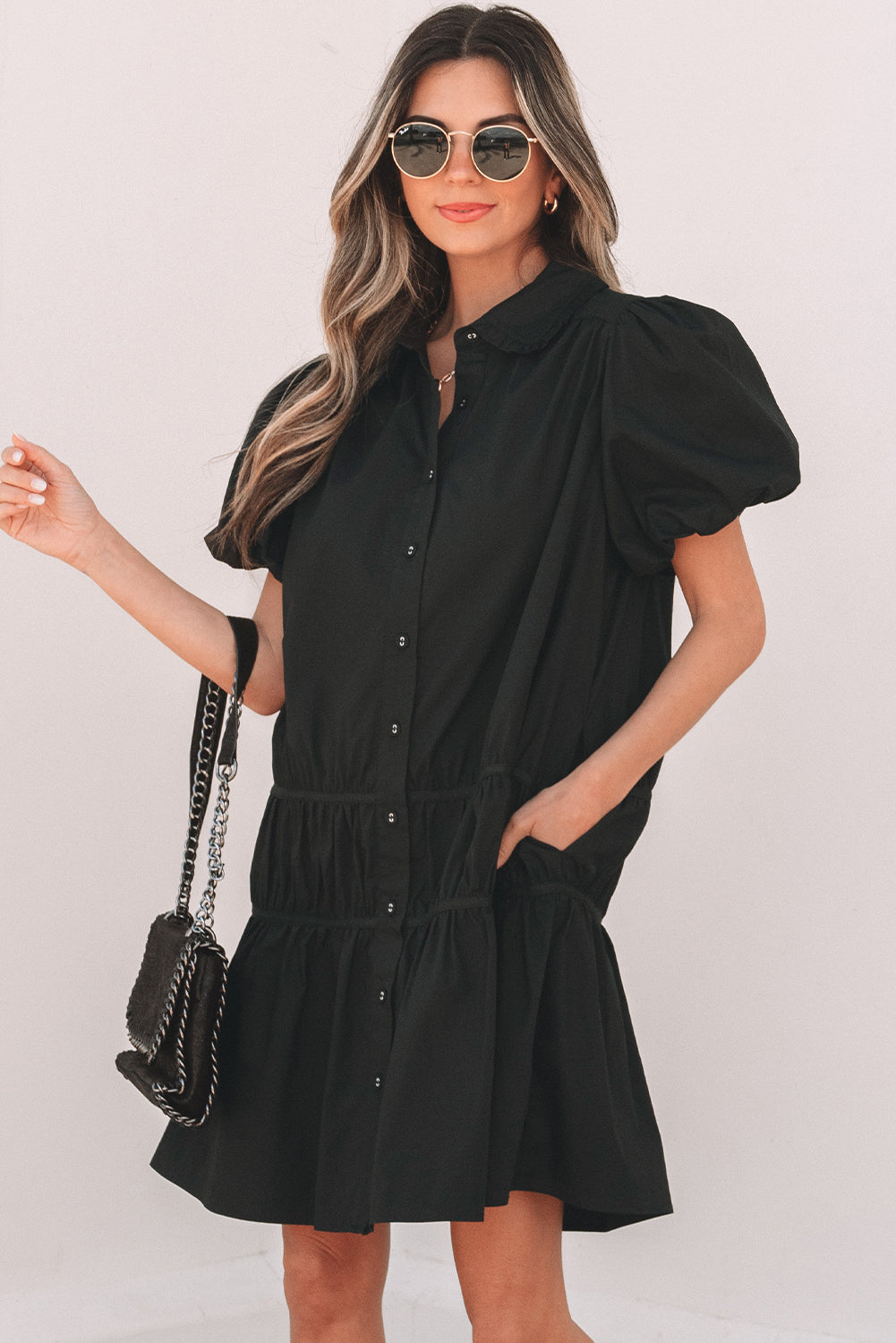 Black Shirt Style Button Down Puff Sleeve Ruffle Hem Dress-Dresses/Mini Dresses-[Adult]-[Female]-2022 Online Blue Zone Planet