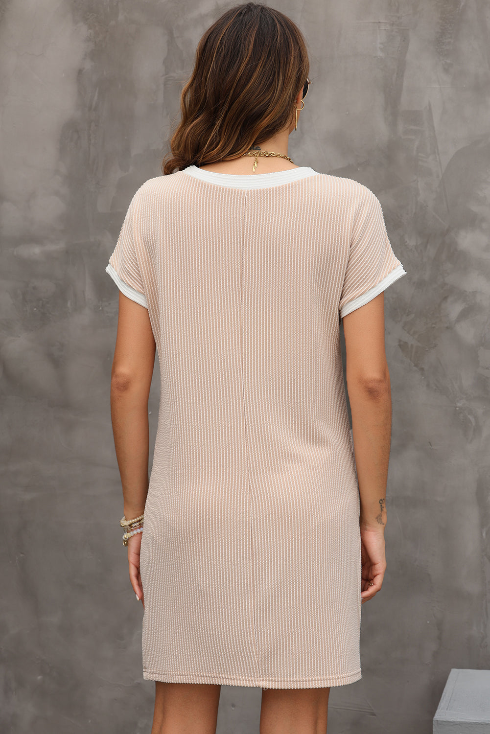 Apricot Twisted Ribbed Color Block Trim T Shirt Shift Dress-Dresses/T Shirt Dresses-[Adult]-[Female]-2022 Online Blue Zone Planet