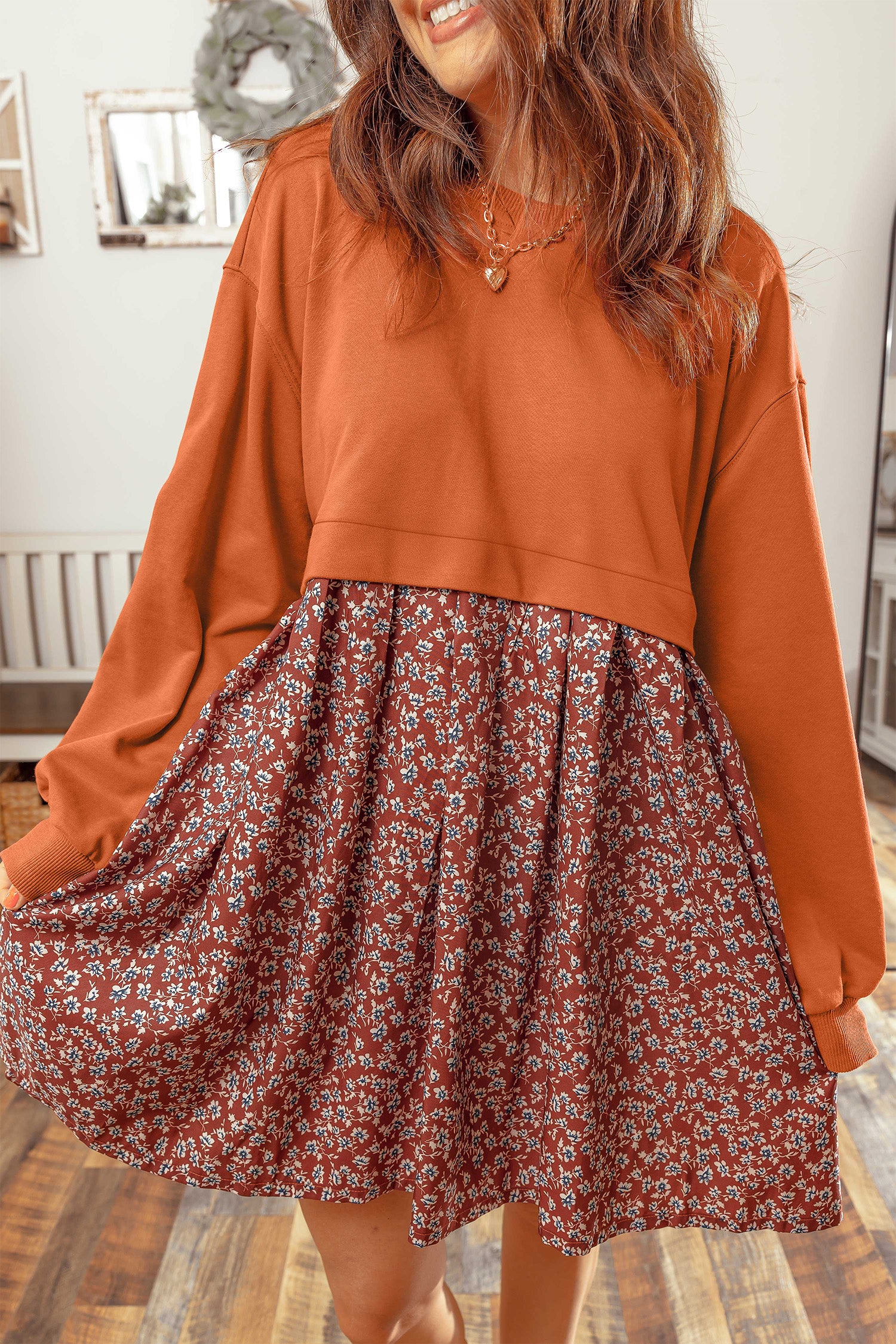 Orange Solid Long Sleeve Top Patchwork Floral Flared 2-in-1 Mini Dress-Dresses/Mini Dresses-[Adult]-[Female]-2022 Online Blue Zone Planet