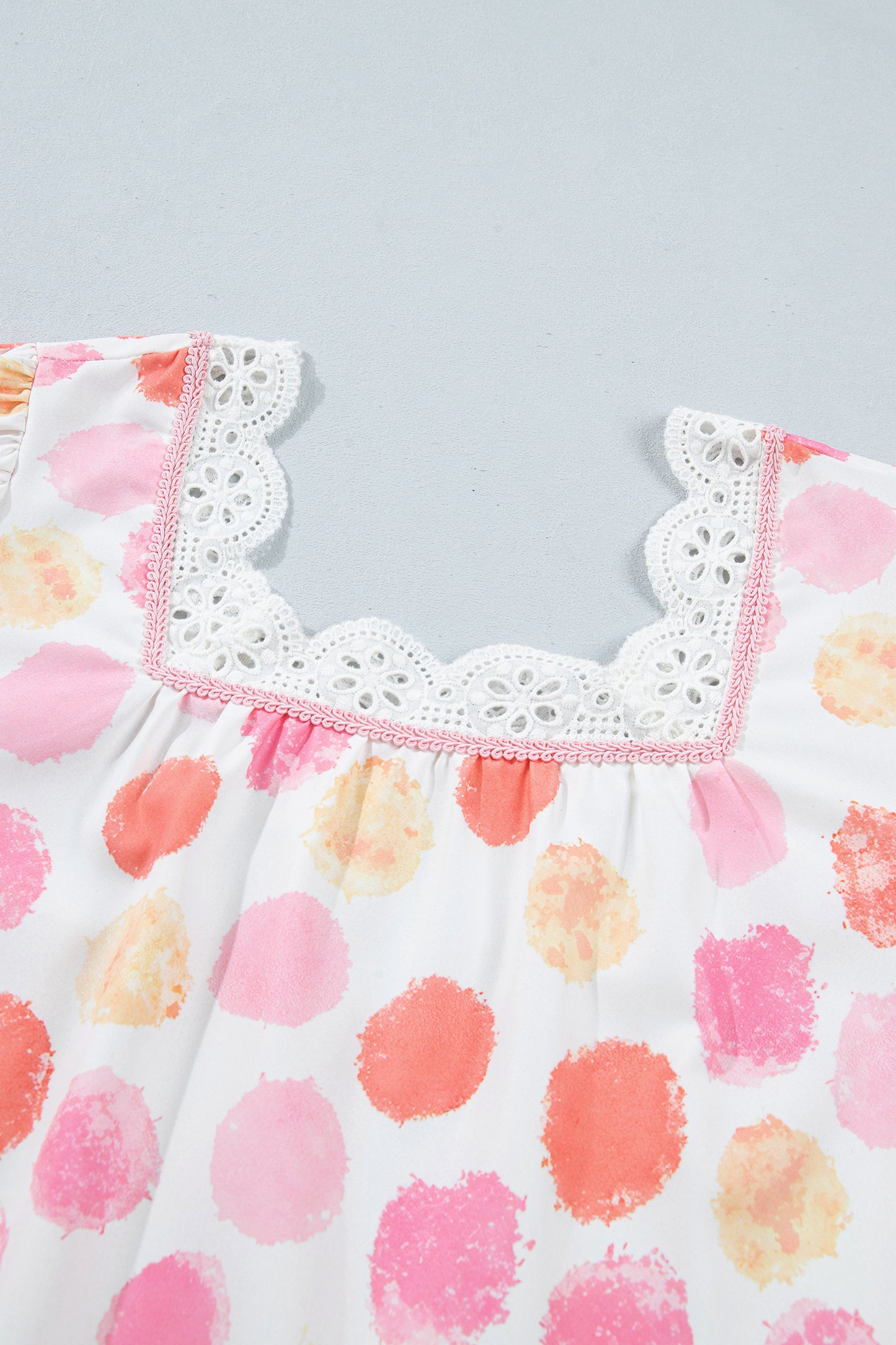 Pink Polka Dot Lace Trim Square Neck Puff Sleeve Blouse-Tops/Blouses & Shirts-[Adult]-[Female]-2022 Online Blue Zone Planet