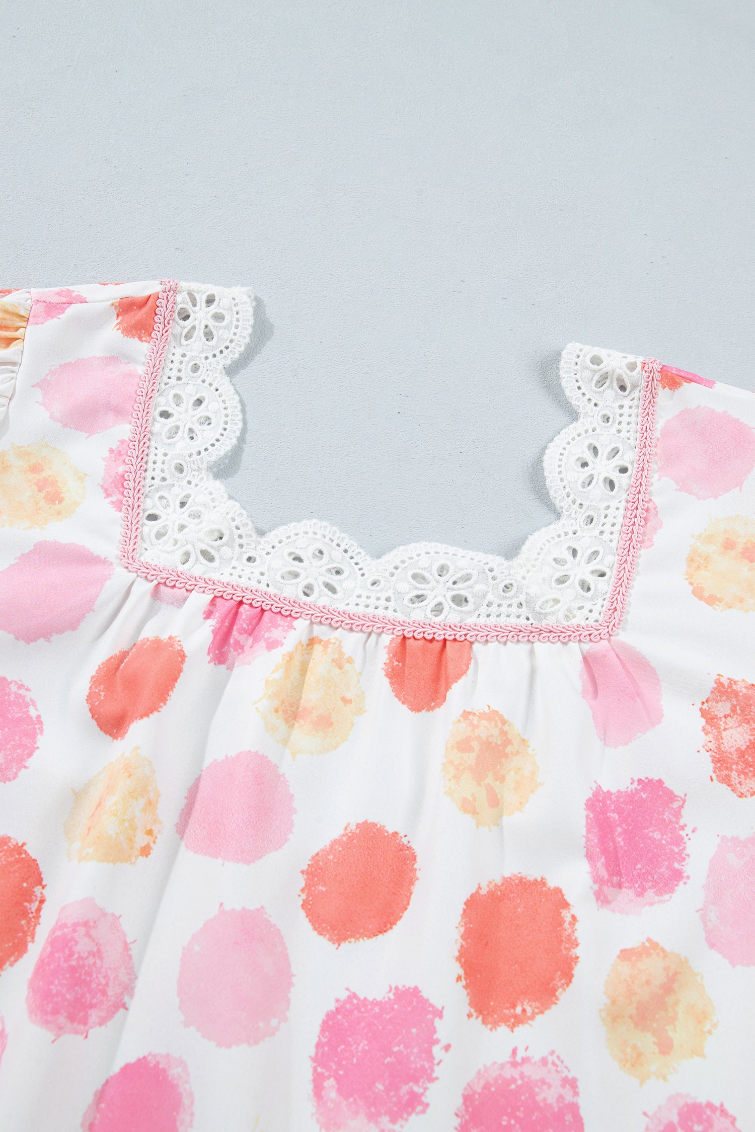 Pink Polka Dot Lace Trim Square Neck Puff Sleeve Blouse-Tops/Blouses & Shirts-[Adult]-[Female]-2022 Online Blue Zone Planet