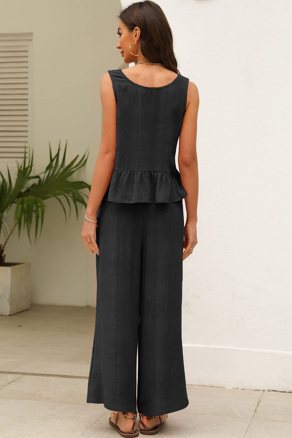 Black Solid Color Ribbed Ruffle Tank Top and Pants Set-Two Piece Sets/Pant Sets-[Adult]-[Female]-2022 Online Blue Zone Planet