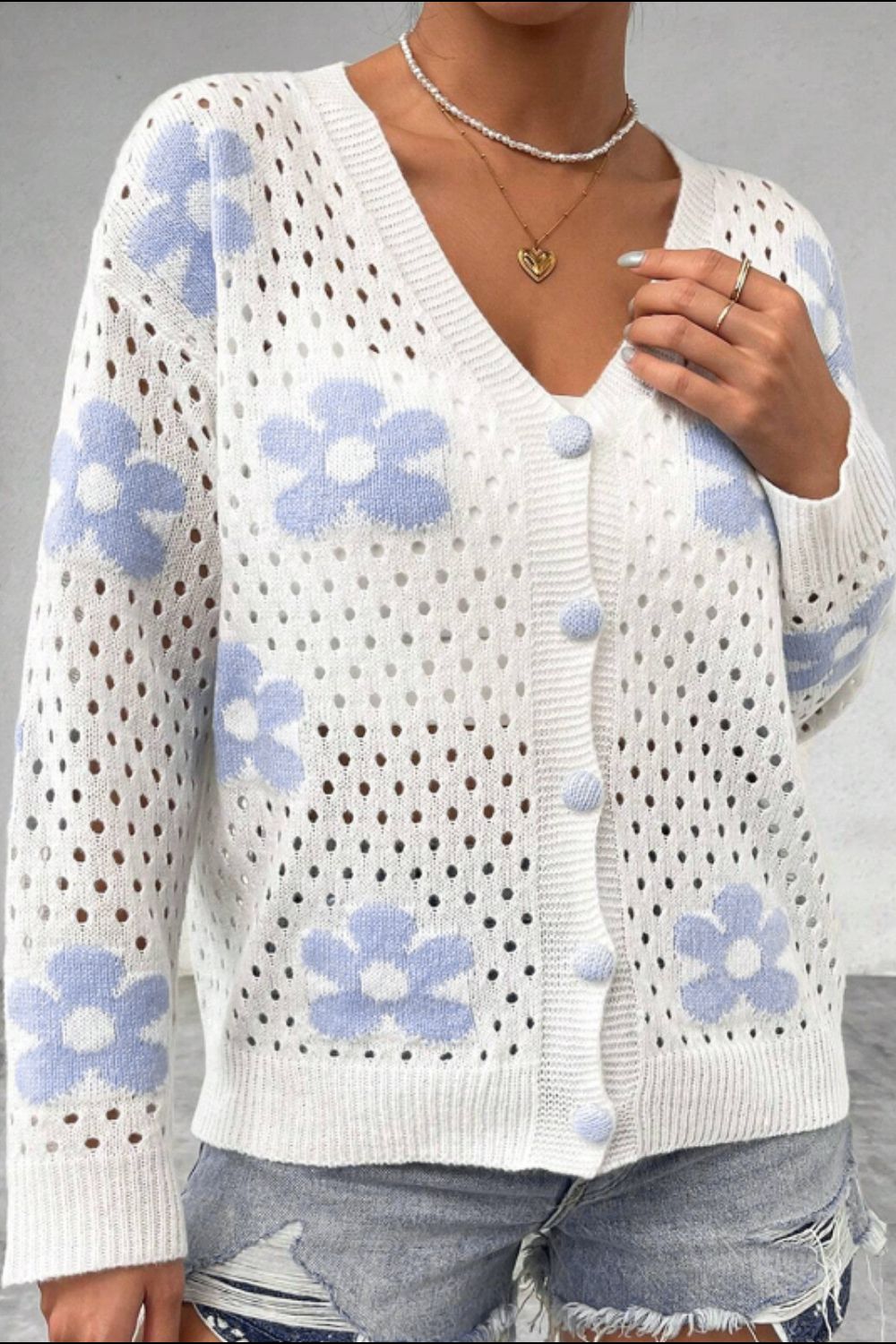 Blue Zone Planet | Flower Hollowed Out Button Down Long Sleeve Cardigan-TOPS / DRESSES-[Adult]-[Female]-2022 Online Blue Zone Planet