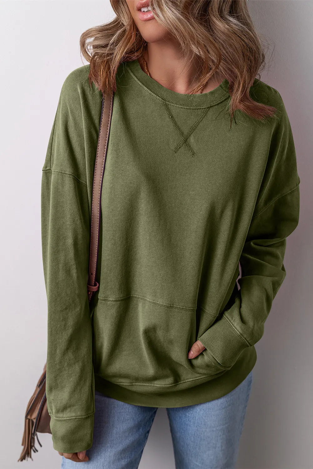 Blue Zone Planet | Round Neck Long Sleeve Sweatshirt-TOPS / DRESSES-[Adult]-[Female]-Army Green-S-2022 Online Blue Zone Planet