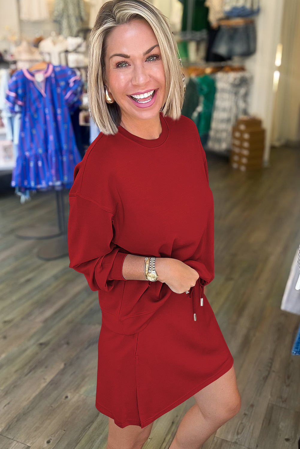 Racing Red Solid Color Drop Shoulder Pullover Drawstring Mini Skirt 2pcs Outfit-Two Piece Sets/Two Piece Dresses-[Adult]-[Female]-2022 Online Blue Zone Planet