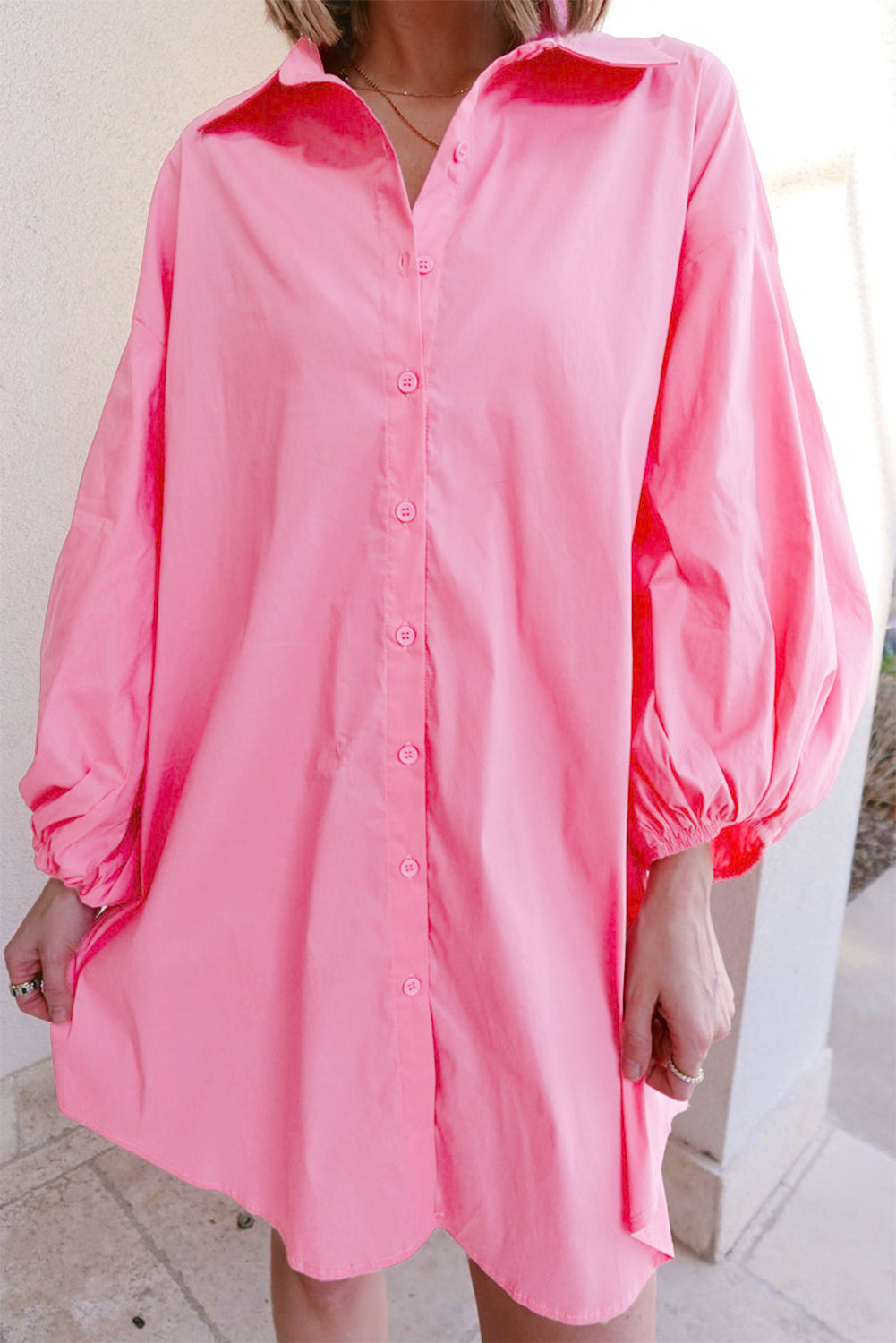 Blue Zone Planet | Bright Pink Balloon Sleeve Button Up Mini Shirt Dress-TOPS / DRESSES-[Adult]-[Female]-Bright Pink-S-2022 Online Blue Zone Planet