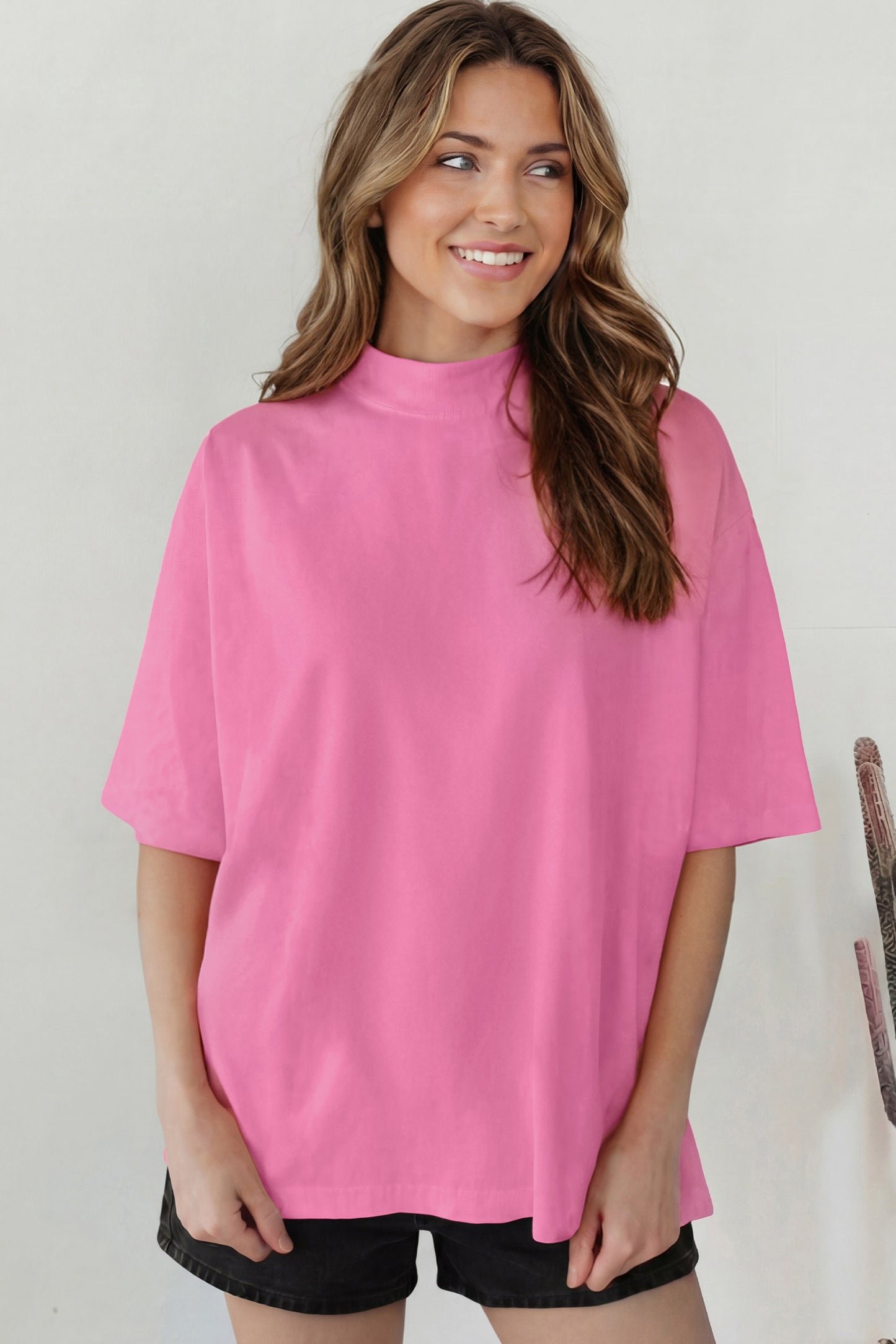 Pink Solid Color High Neck Oversize Tee-Tops/Tops & Tees-[Adult]-[Female]-2022 Online Blue Zone Planet
