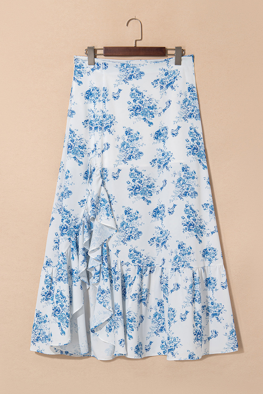 Sky Blue Boho Floral High Waist Ruffle Split Maxi Skirt-Bottoms/Skirts & Petticoat-[Adult]-[Female]-2022 Online Blue Zone Planet