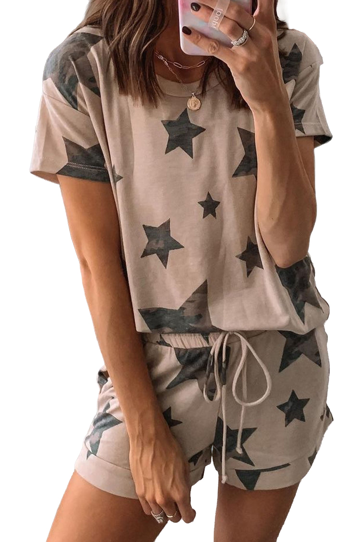 Khaki Camo Star Print Short Lounge Set-Loungewear & Sleepwear/Loungewear-[Adult]-[Female]-2022 Online Blue Zone Planet