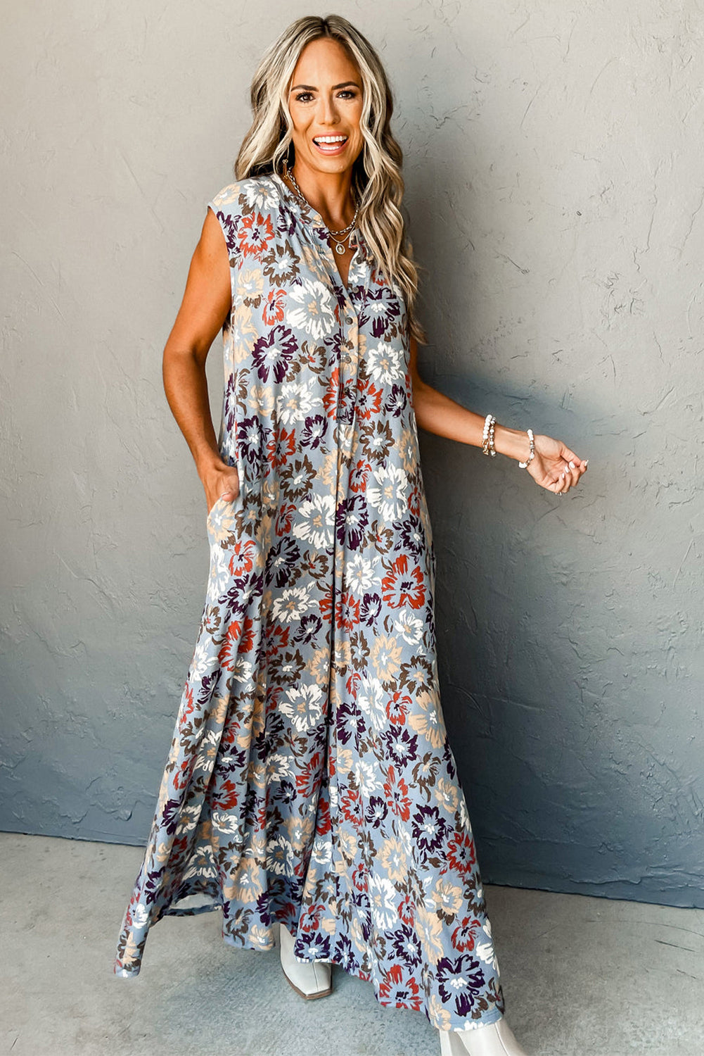 Sky Blue Floral Sleeveless Pocketed Wide Leg Jumpsuit-Jumpsuits-[Adult]-[Female]-2022 Online Blue Zone Planet