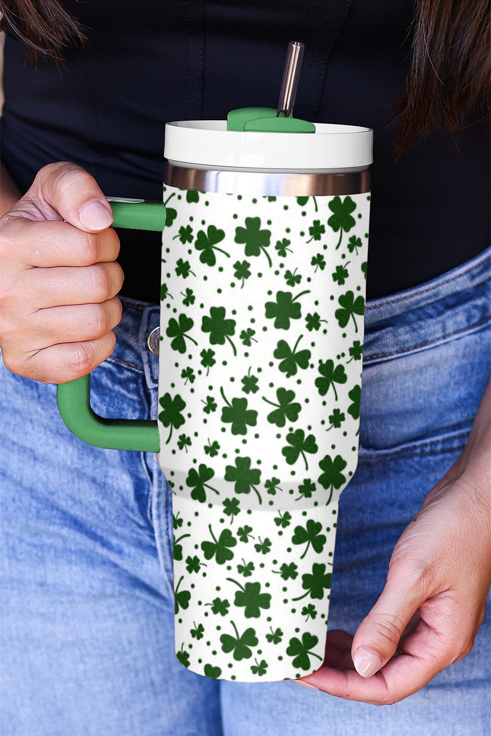 Dark Green Clover Print Thermos Cup with Handle 40oz-Accessories/Tumblers-[Adult]-[Female]-2022 Online Blue Zone Planet