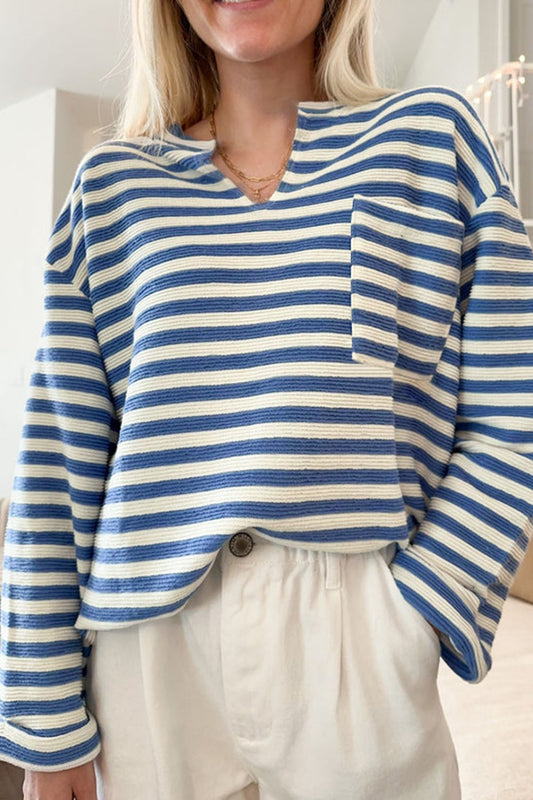 Stripe Chest Pocket Notched Top-TOPS / DRESSES-[Adult]-[Female]-Peacock Blue-S-2022 Online Blue Zone Planet