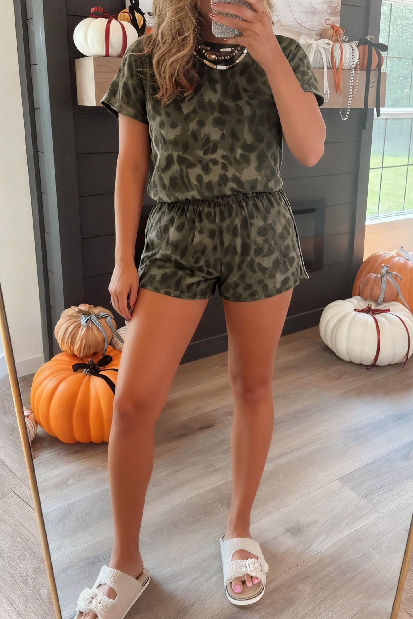 Brown Leopard Print Crew Neck Short Set-Two Piece Sets/Short Sets-[Adult]-[Female]-2022 Online Blue Zone Planet
