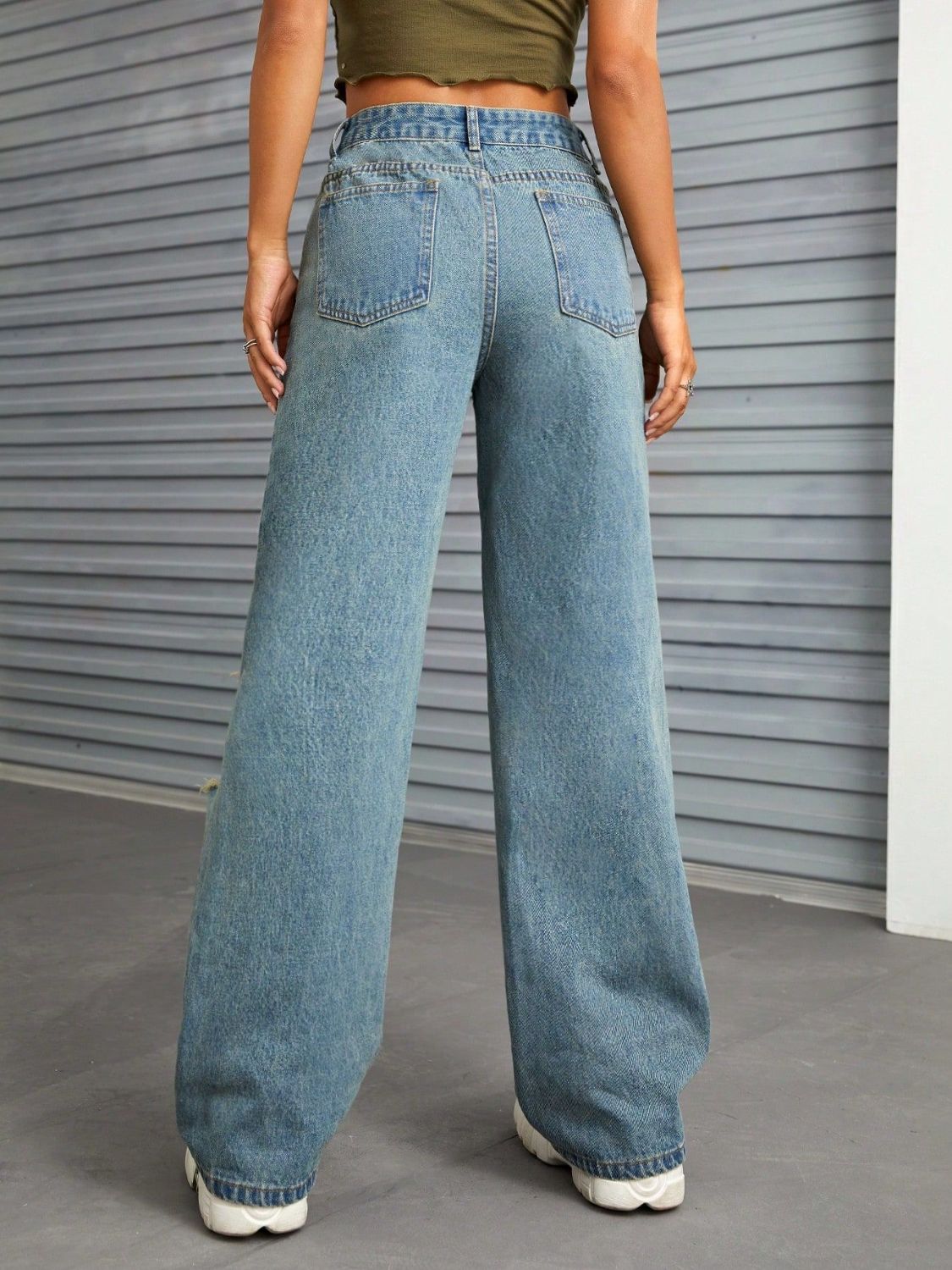 Distressed Wide Leg Jeans with Pockets-[Adult]-[Female]-2022 Online Blue Zone Planet