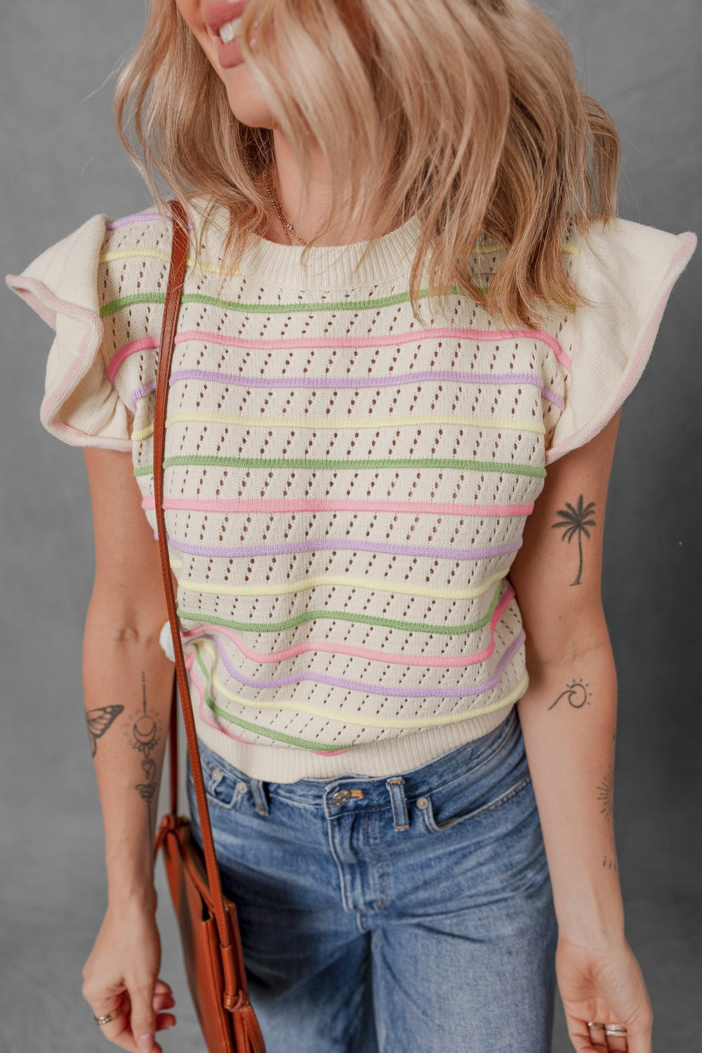 Striped Eyelet Ruffled Sleeve Sweater Sweater Vest-TOPS / DRESSES-[Adult]-[Female]-2022 Online Blue Zone Planet