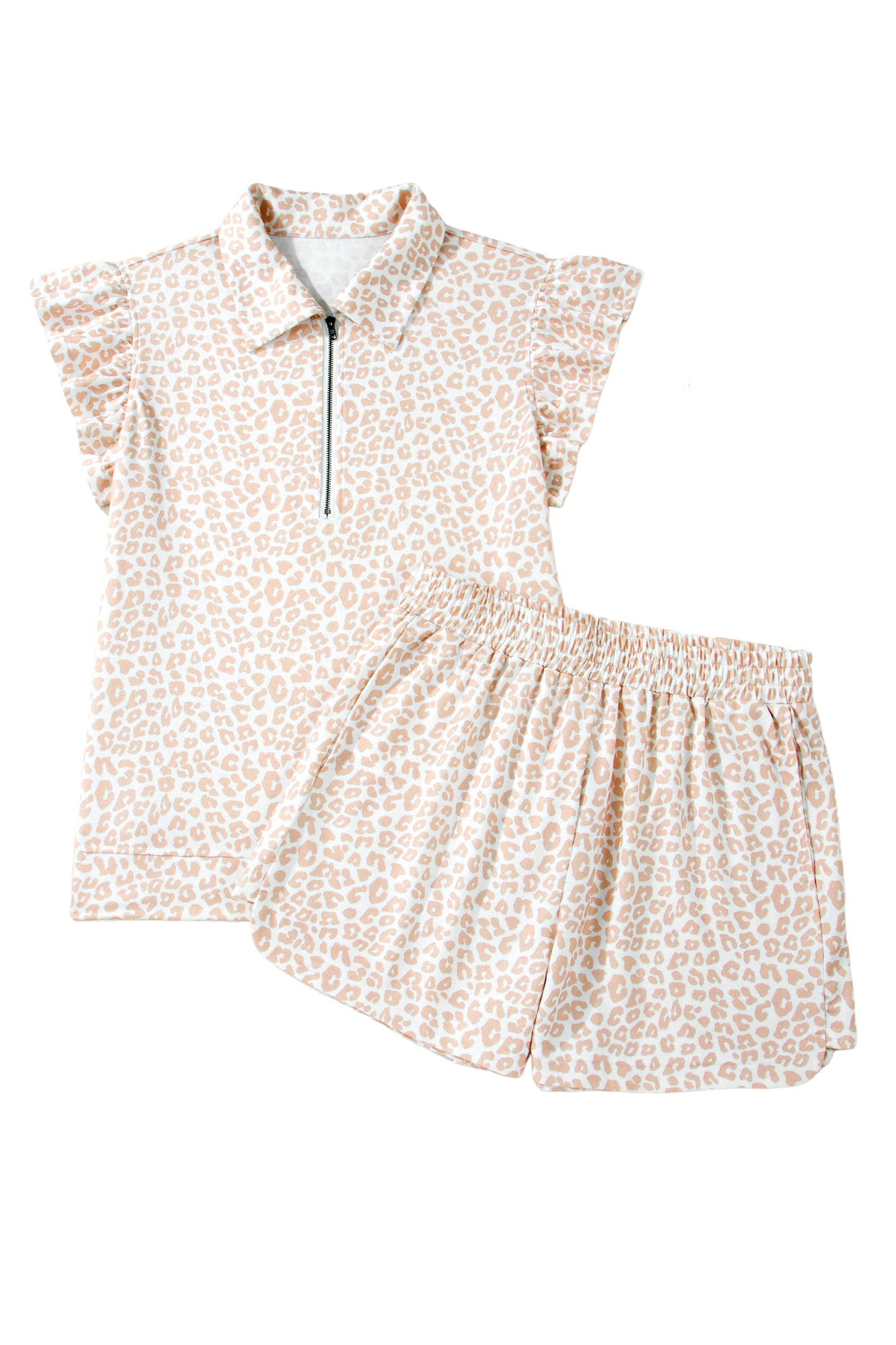 Beige Leopard Zip Polo Top 2pcs Short Set-Two Piece Sets/Short Sets-[Adult]-[Female]-2022 Online Blue Zone Planet