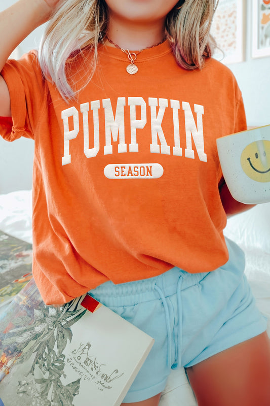 Orange PUMPKIN SEASON Letter Print Relaxed T Shirt-Graphic/Graphic Tees-[Adult]-[Female]-Orange-S-2022 Online Blue Zone Planet