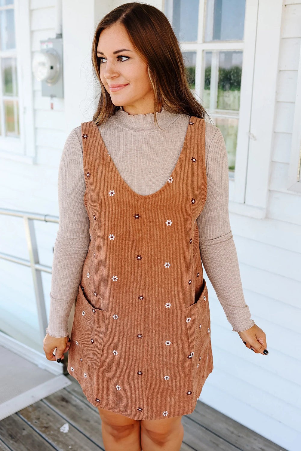 Gold Flame Flower Embroidered Corduroy Overall Mini Dress-Dresses/Mini Dresses-[Adult]-[Female]-2022 Online Blue Zone Planet