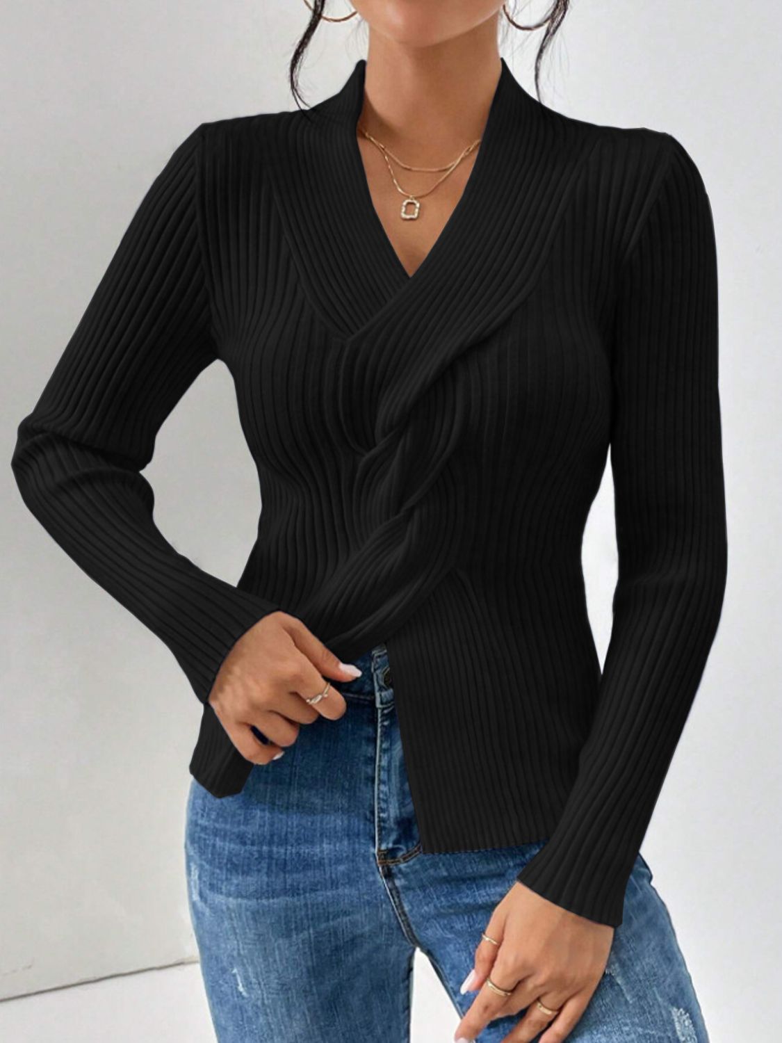 Twist Front Ribbed Long Sleeve Sweater-TOPS / DRESSES-[Adult]-[Female]-Black-S-2022 Online Blue Zone Planet