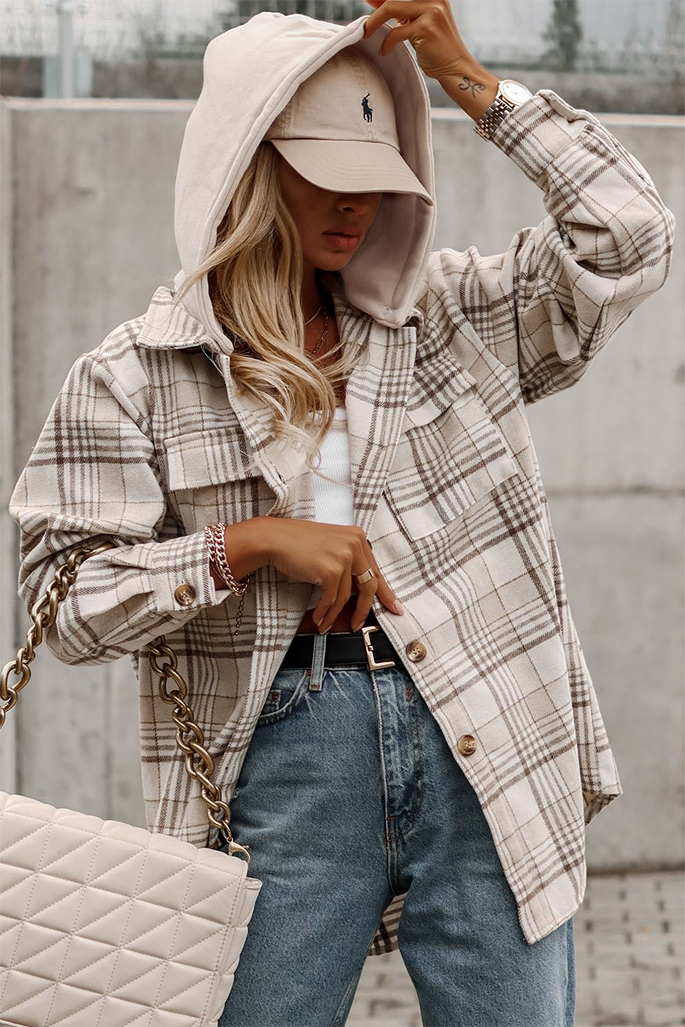 Khaki Plaid Removable Hood Buttoned Shacket-Outerwear/Plaid Shackets-[Adult]-[Female]-2022 Online Blue Zone Planet