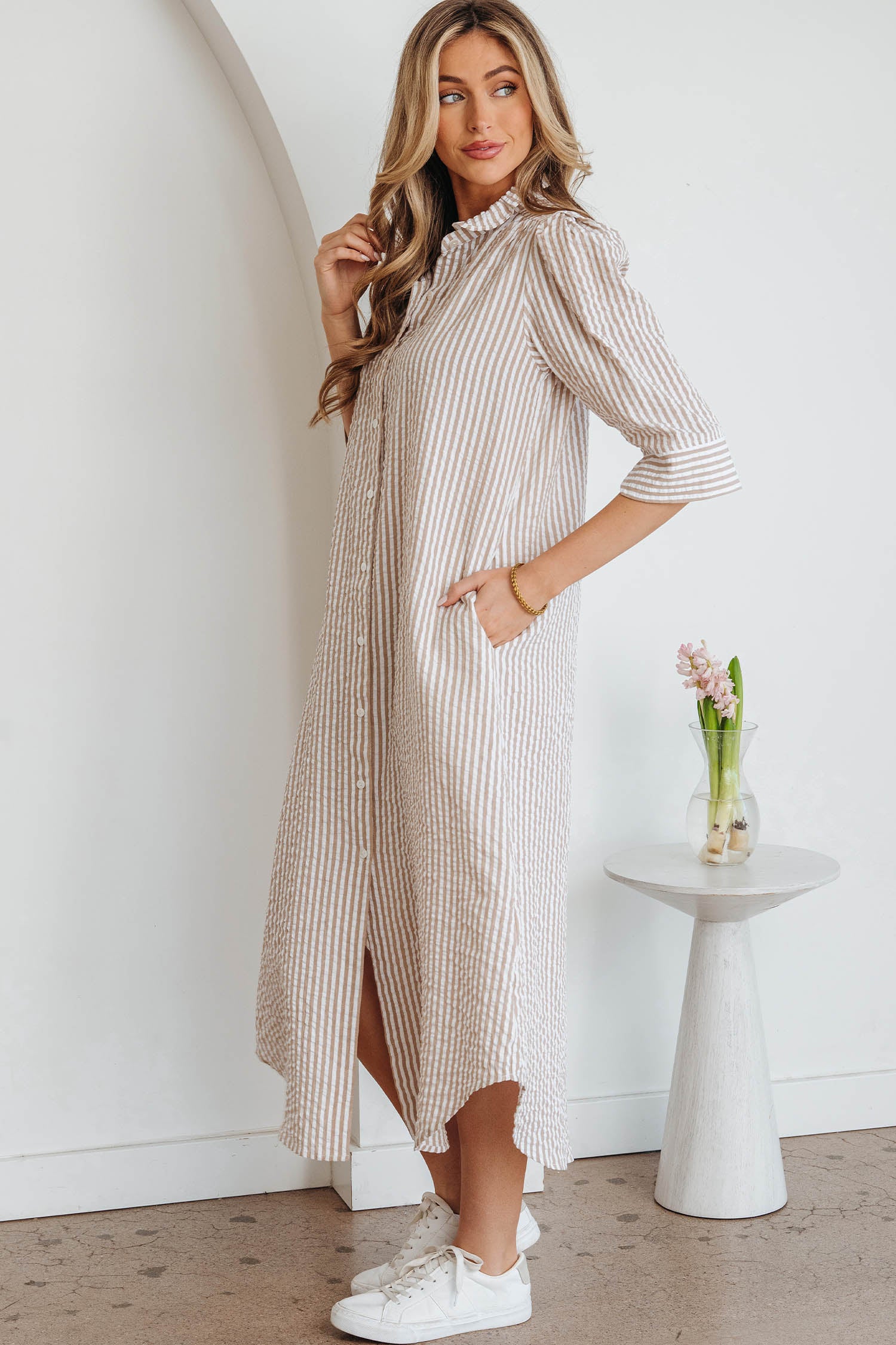 Khaki Stripe Frilled Collar Half Sleeve Shirt Maxi Dress-TOPS / DRESSES-[Adult]-[Female]-2022 Online Blue Zone Planet