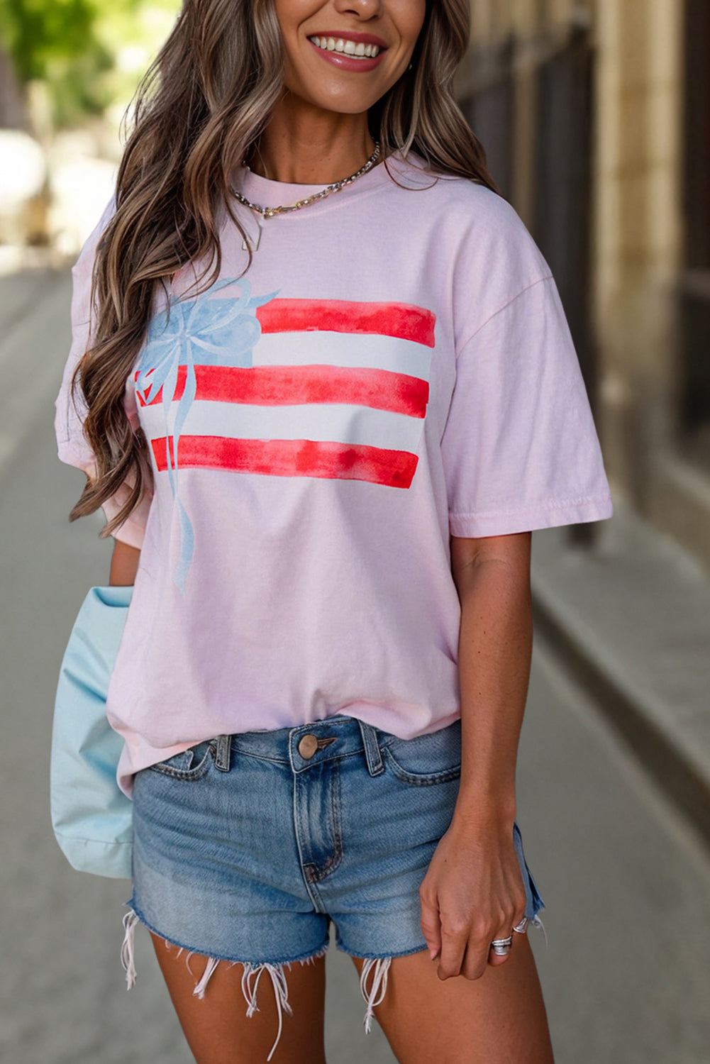 Light Pink Flag Bow Graphic Crewneck Tee-Tops/Tops & Tees-[Adult]-[Female]-2022 Online Blue Zone Planet