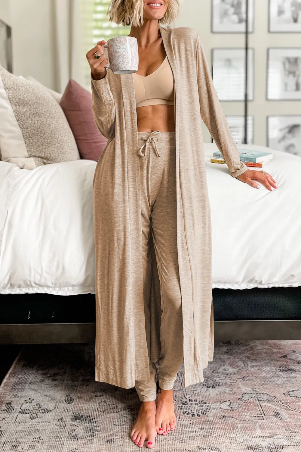 Blue Zone Planet | Open Front Long Sleeve Cardigan and Pants Lounge Set-TOPS / DRESSES-[Adult]-[Female]-Tan-L-2022 Online Blue Zone Planet