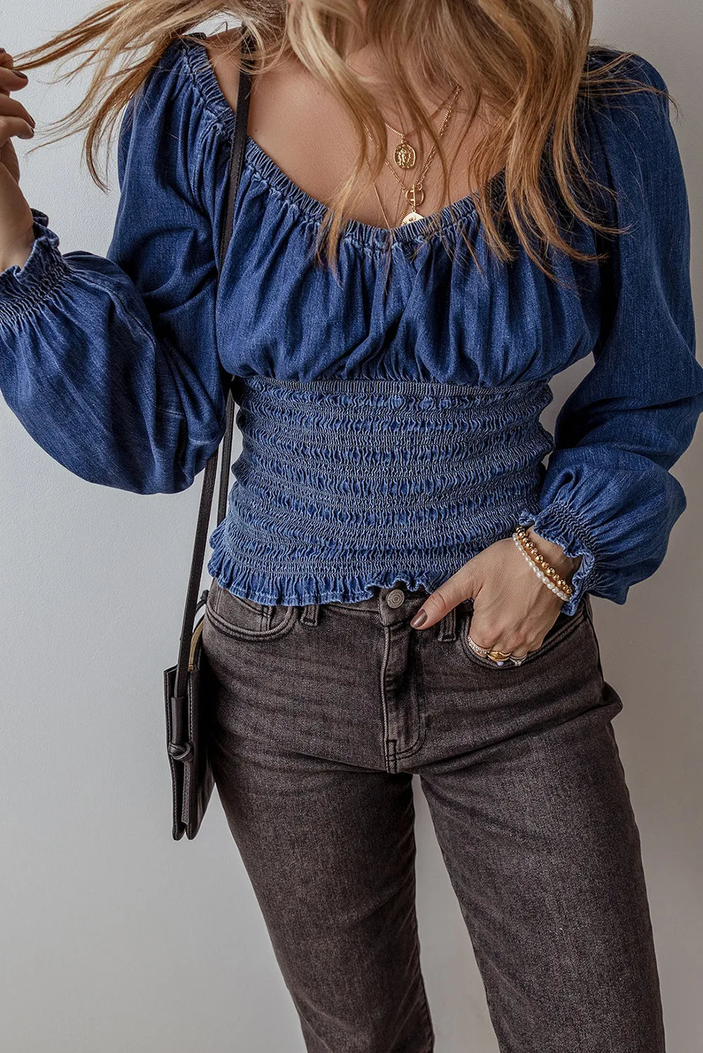 Smocked Long Sleeve Denim Top-TOPS / DRESSES-[Adult]-[Female]-2022 Online Blue Zone Planet