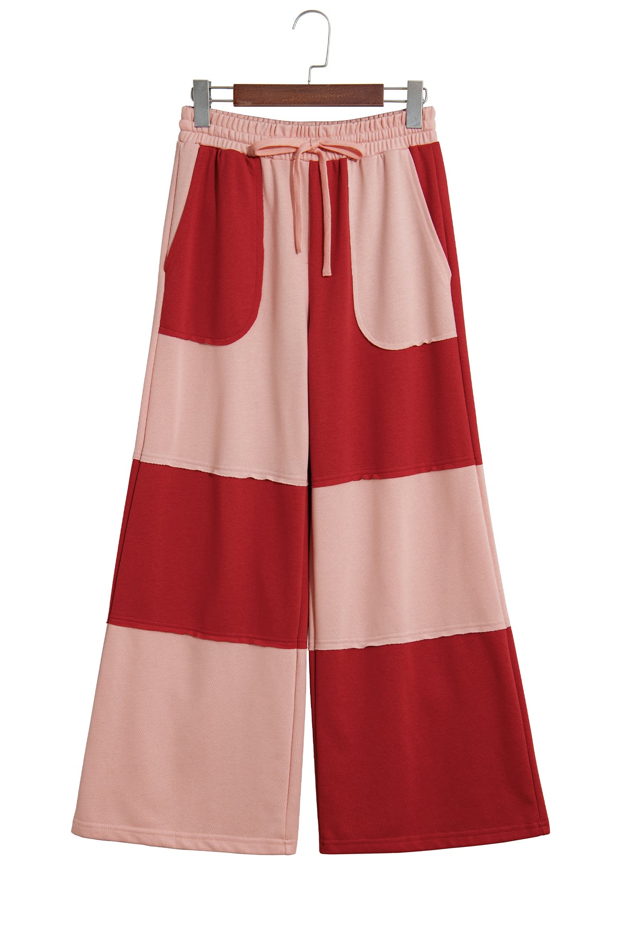 Fiery Red Raw Seam Colorblock Wide Leg Ankle Length Casual Pants-Bottoms/Pants & Culotte-[Adult]-[Female]-2022 Online Blue Zone Planet