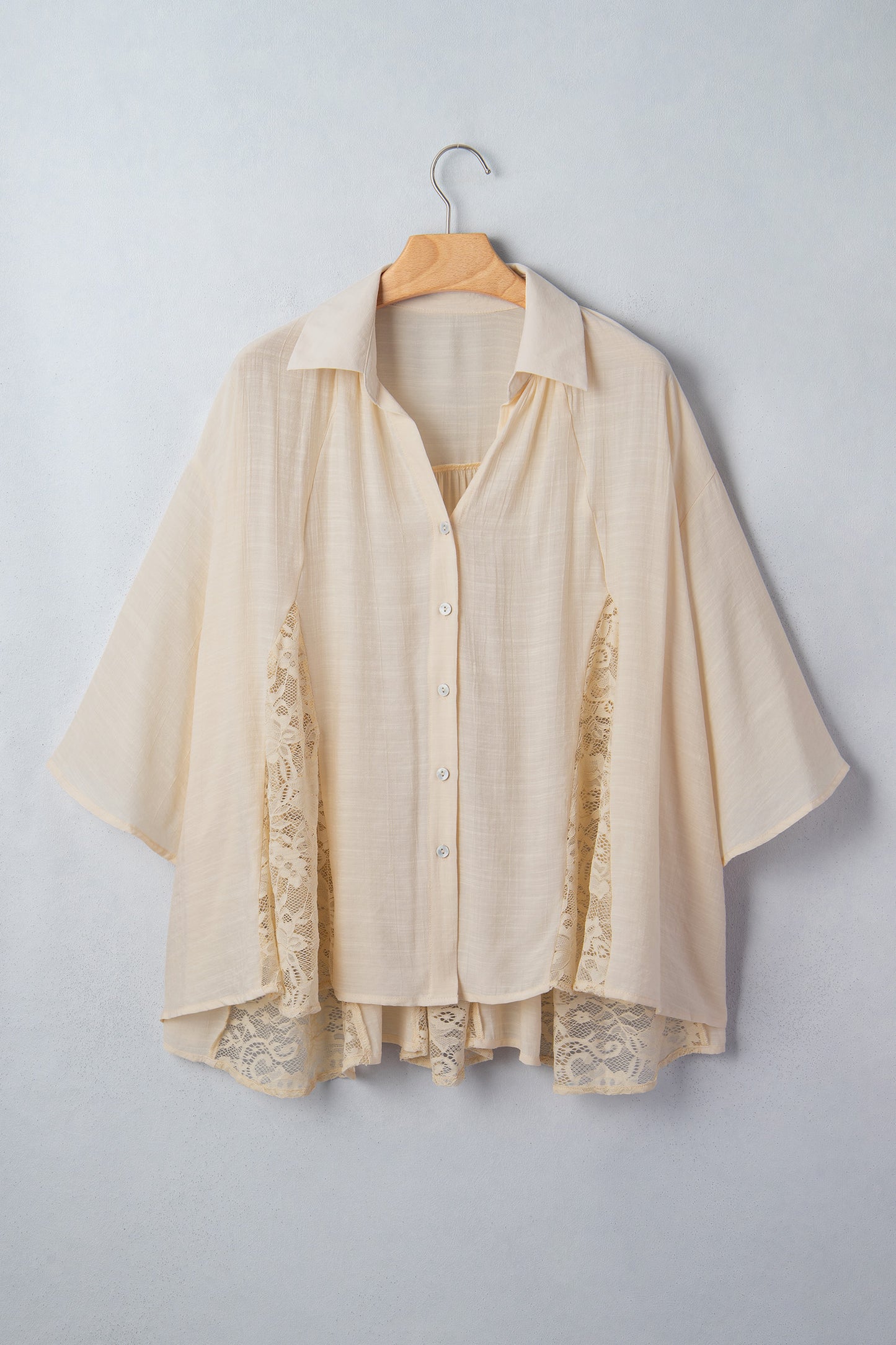 Oatmeal Sheer Lace Splicing Detail Bracelet Sleeve Loose Flowy Shirt-Bracelet-[Adult]-[Female]-2022 Online Blue Zone Planet