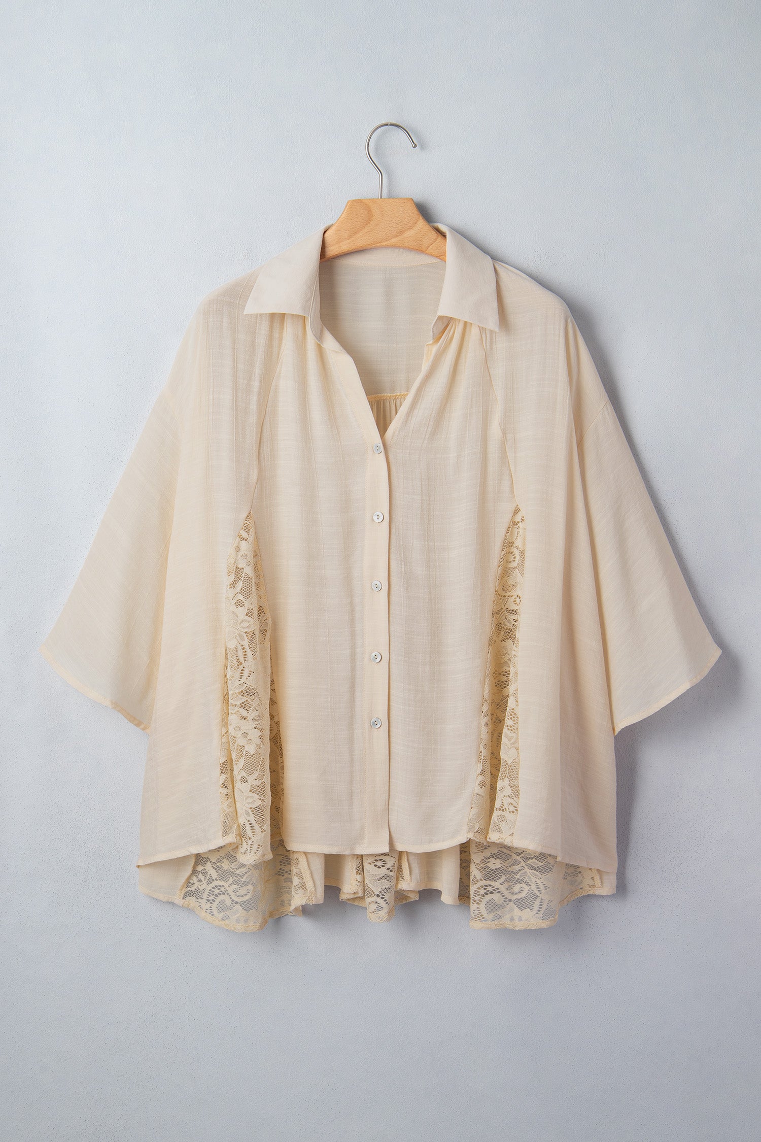 Oatmeal Sheer Lace Splicing Detail Bracelet Sleeve Loose Flowy Shirt-Bracelet-[Adult]-[Female]-2022 Online Blue Zone Planet