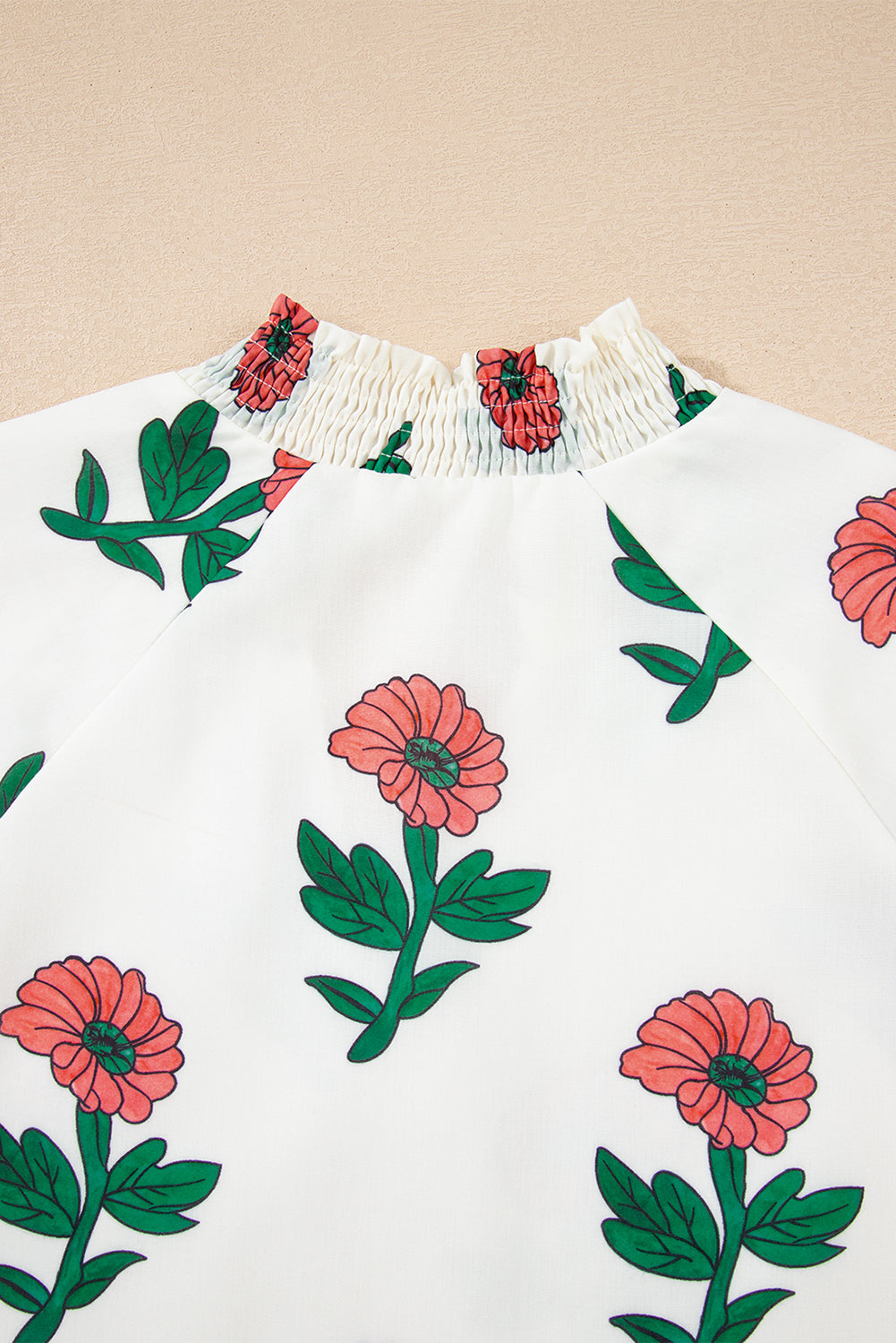 Beige Floral Print Shirred Split Neck Short Sleeve Blouse-Tops/Blouses & Shirts-[Adult]-[Female]-2022 Online Blue Zone Planet