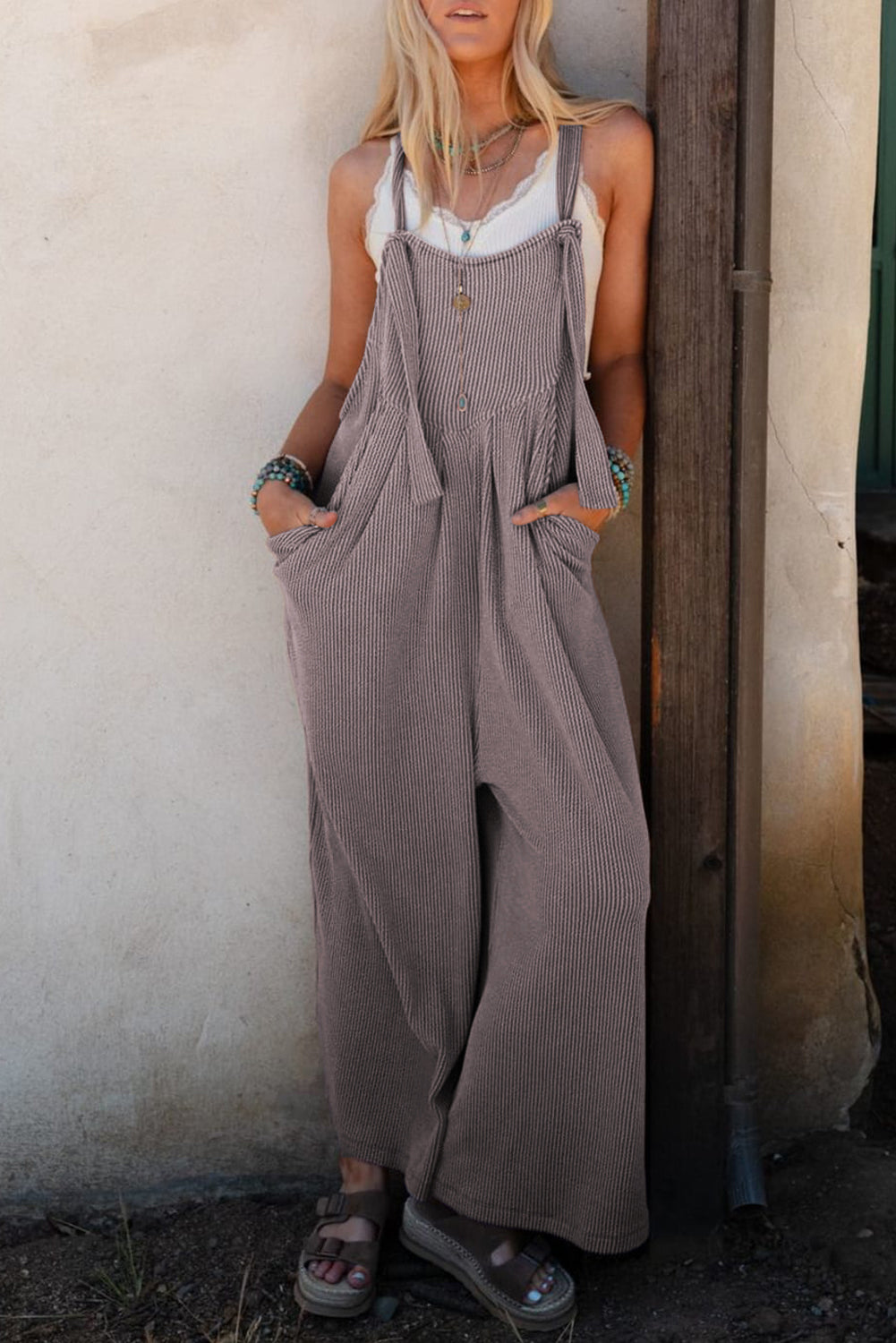 Philippine Gray Corded Adjustable Straps Wide Leg Loose Overall-Bottoms/Jumpsuits & Rompers-[Adult]-[Female]-Philippine Gray-S-2022 Online Blue Zone Planet