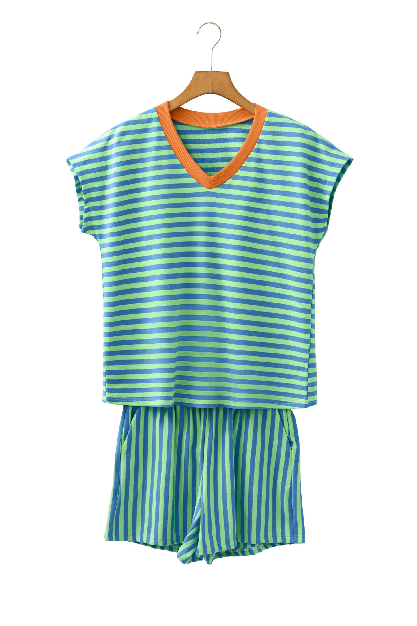 Green Stripe Colorblock Trim V Neck Tee Drawstring Elastic Waist Short Set-Two Piece Sets/Short Sets-[Adult]-[Female]-2022 Online Blue Zone Planet