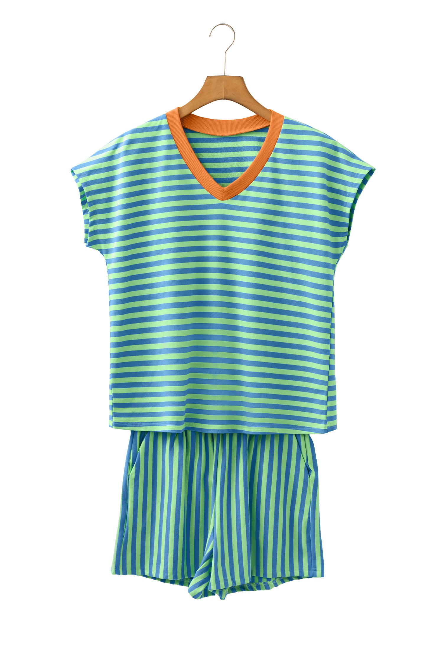 Green Stripe Colorblock Trim V Neck Tee Drawstring Elastic Waist Short Set-Two Piece Sets/Short Sets-[Adult]-[Female]-2022 Online Blue Zone Planet