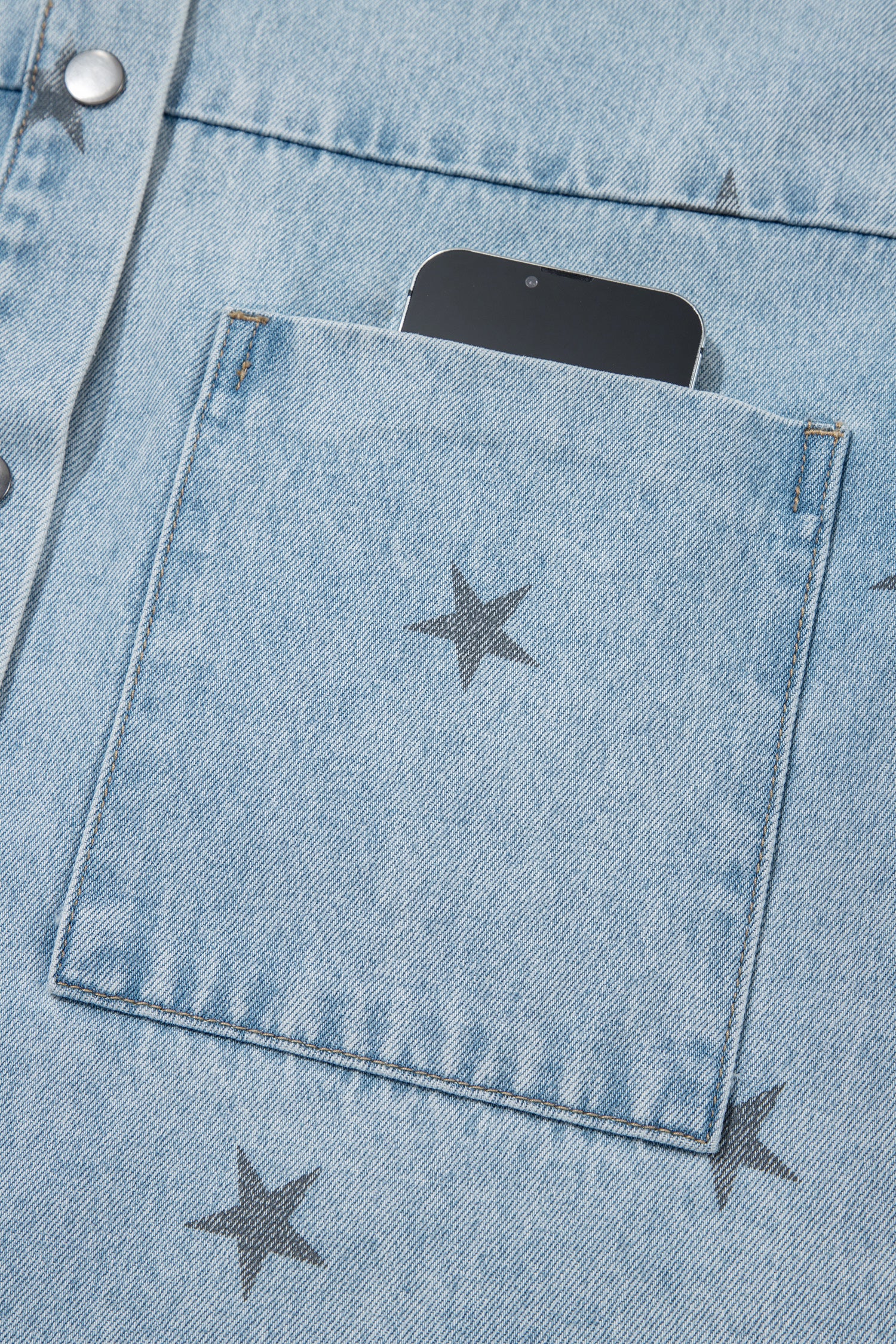 Sky Blue Stars Pattern Long Sleeve Shirt Collar Denim Jacket-Outerwear/Denim jackets-[Adult]-[Female]-2022 Online Blue Zone Planet