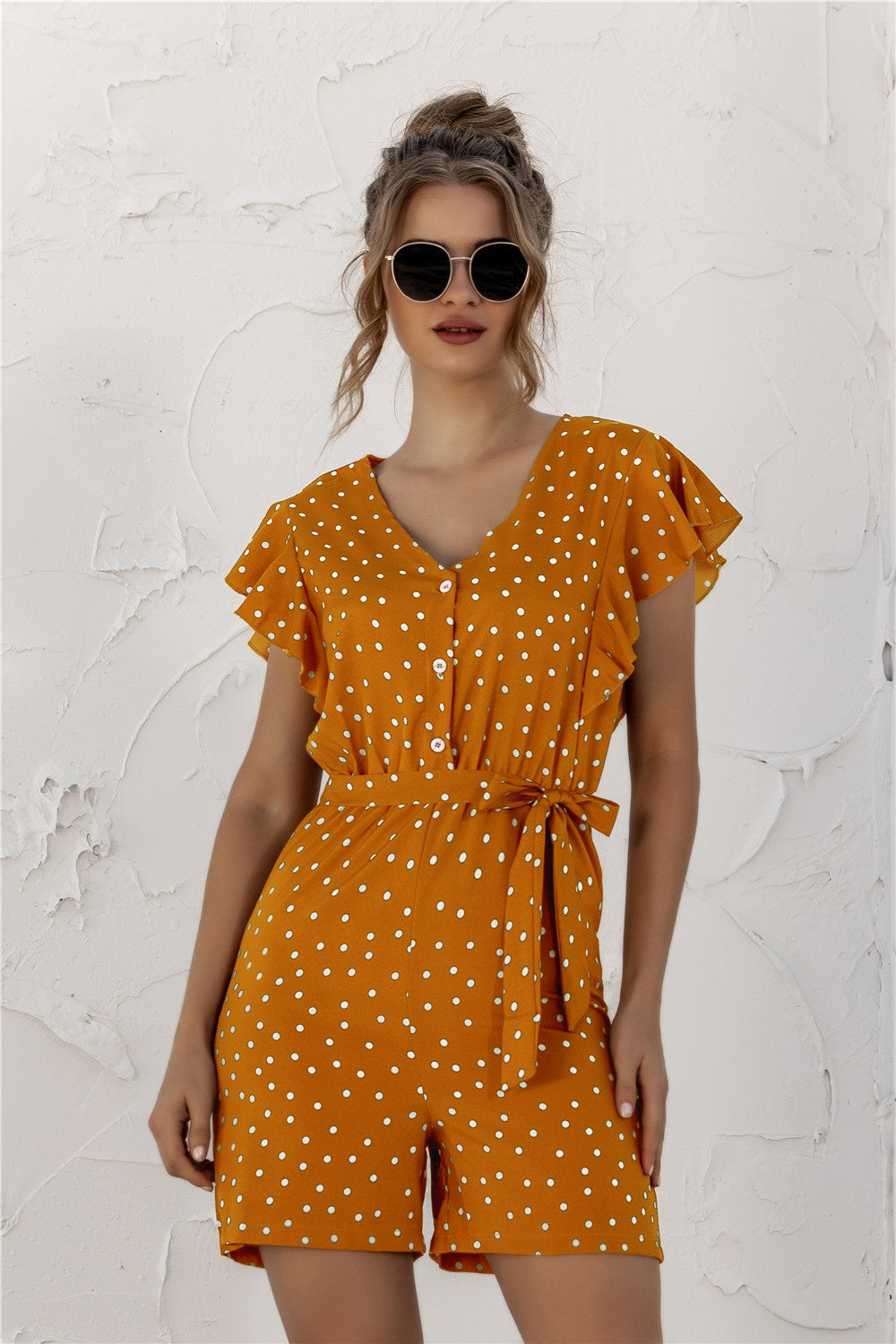 Ruffled Polka Dot Half Button Romper-TOPS / DRESSES-[Adult]-[Female]-Mustard-S-2022 Online Blue Zone Planet