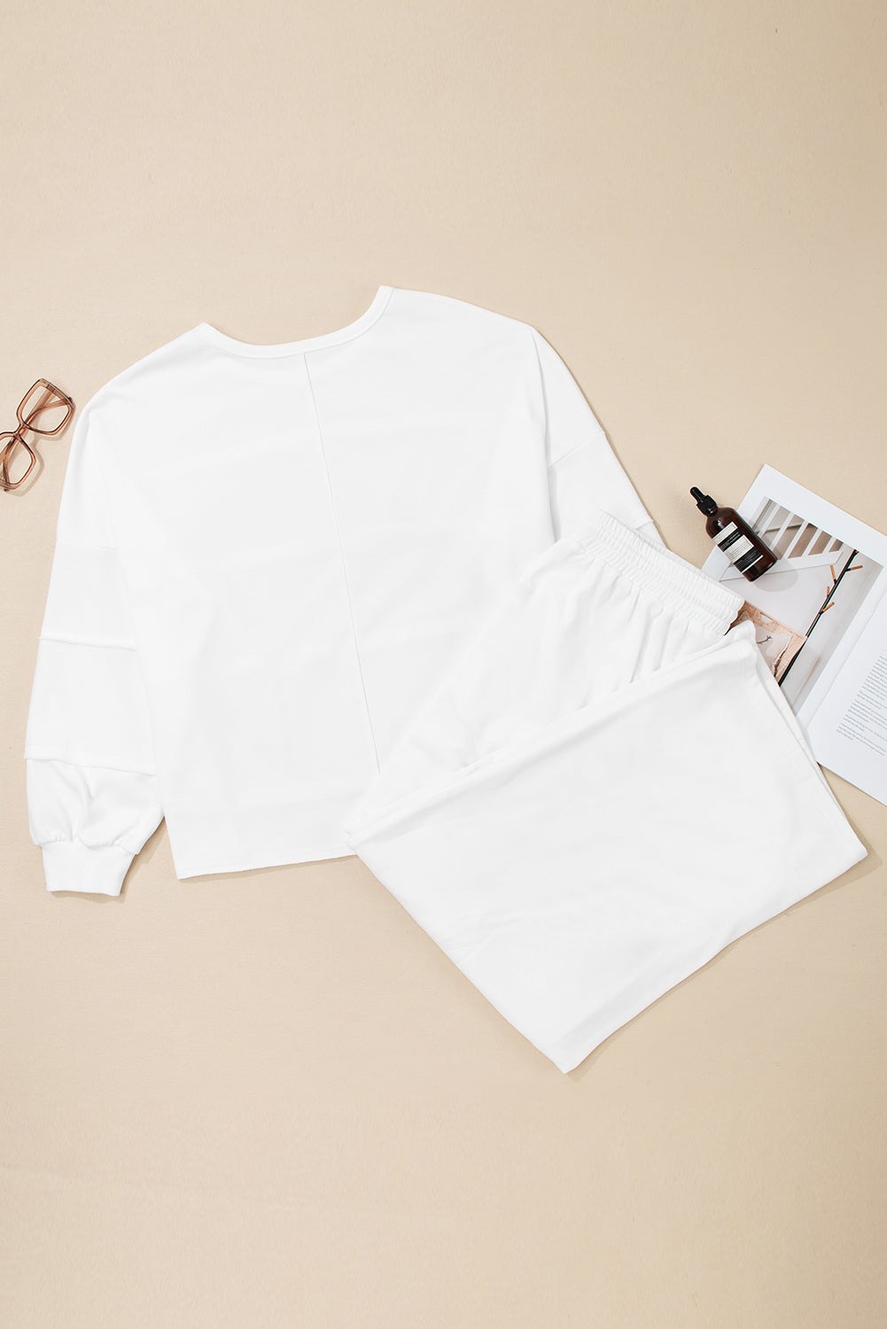 White Textured Raw Seam Plus Size Pullover Top and Drawstring Pants Set-Plus Size/Plus Size Loungewear-[Adult]-[Female]-2022 Online Blue Zone Planet