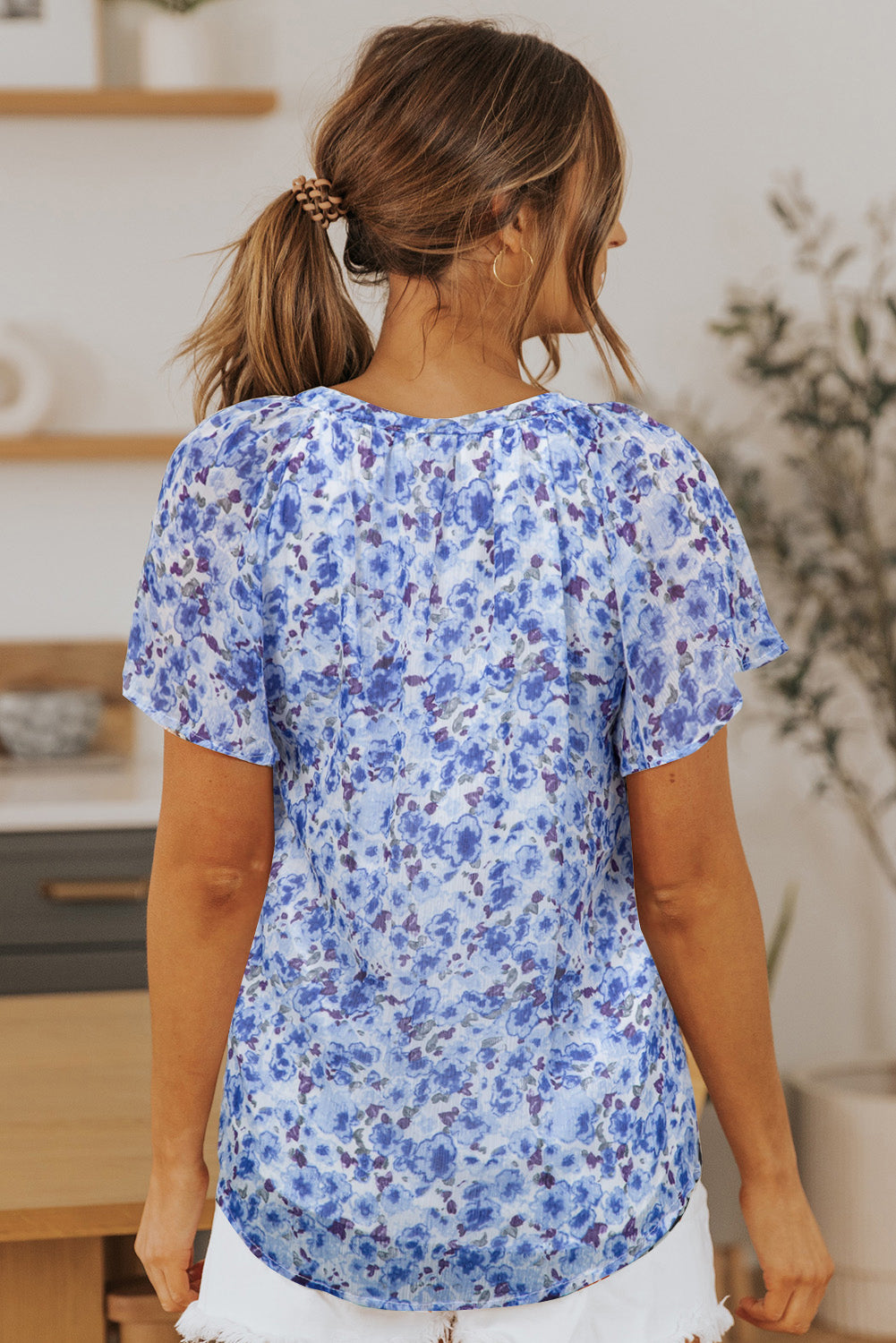 Blue Flutter Sleeve V Neck Floral Summer Blouse-Tops/Blouses & Shirts-[Adult]-[Female]-2022 Online Blue Zone Planet