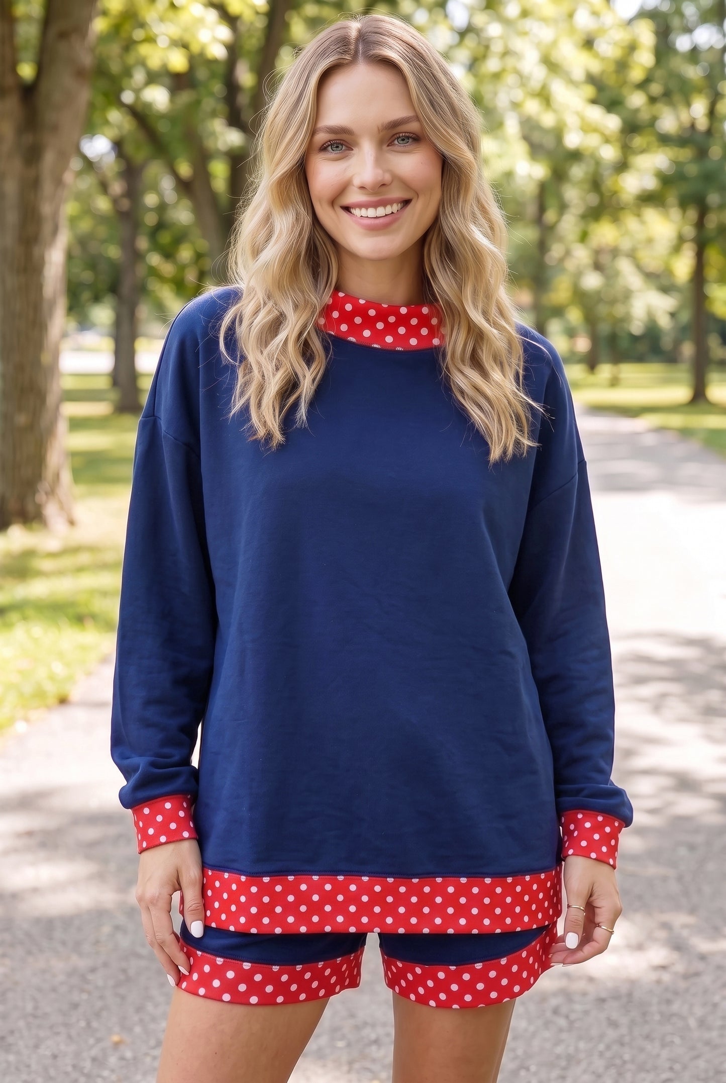 Fiery Red Gingham Trim Baggy Pullover 2pcs Short Set-Two Piece Sets/Short Sets-[Adult]-[Female]-2022 Online Blue Zone Planet