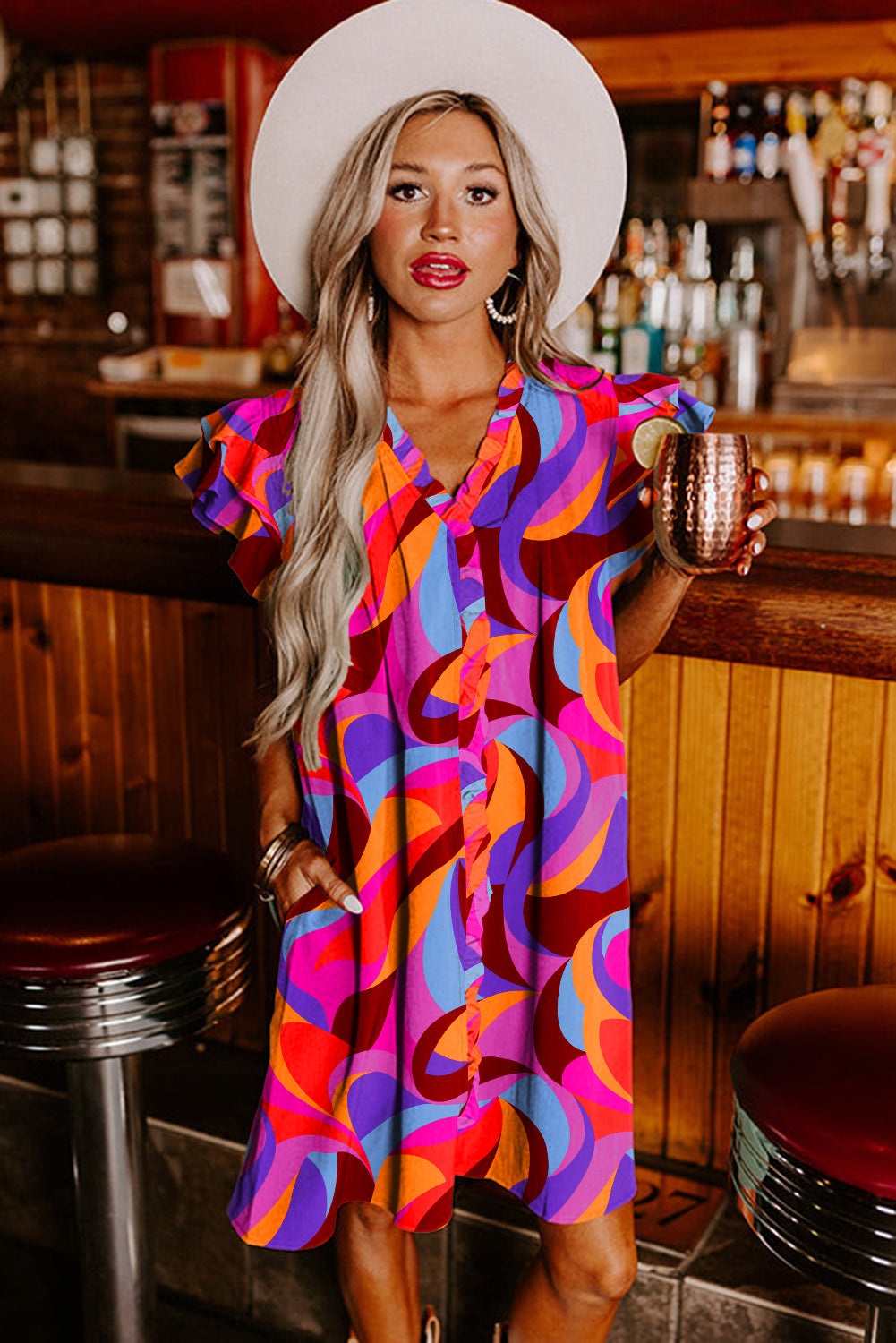 Blue Zone Planet | Orange Abstract Print Ruffled Sleeve Shift Dress-TOPS / DRESSES-[Adult]-[Female]-2022 Online Blue Zone Planet