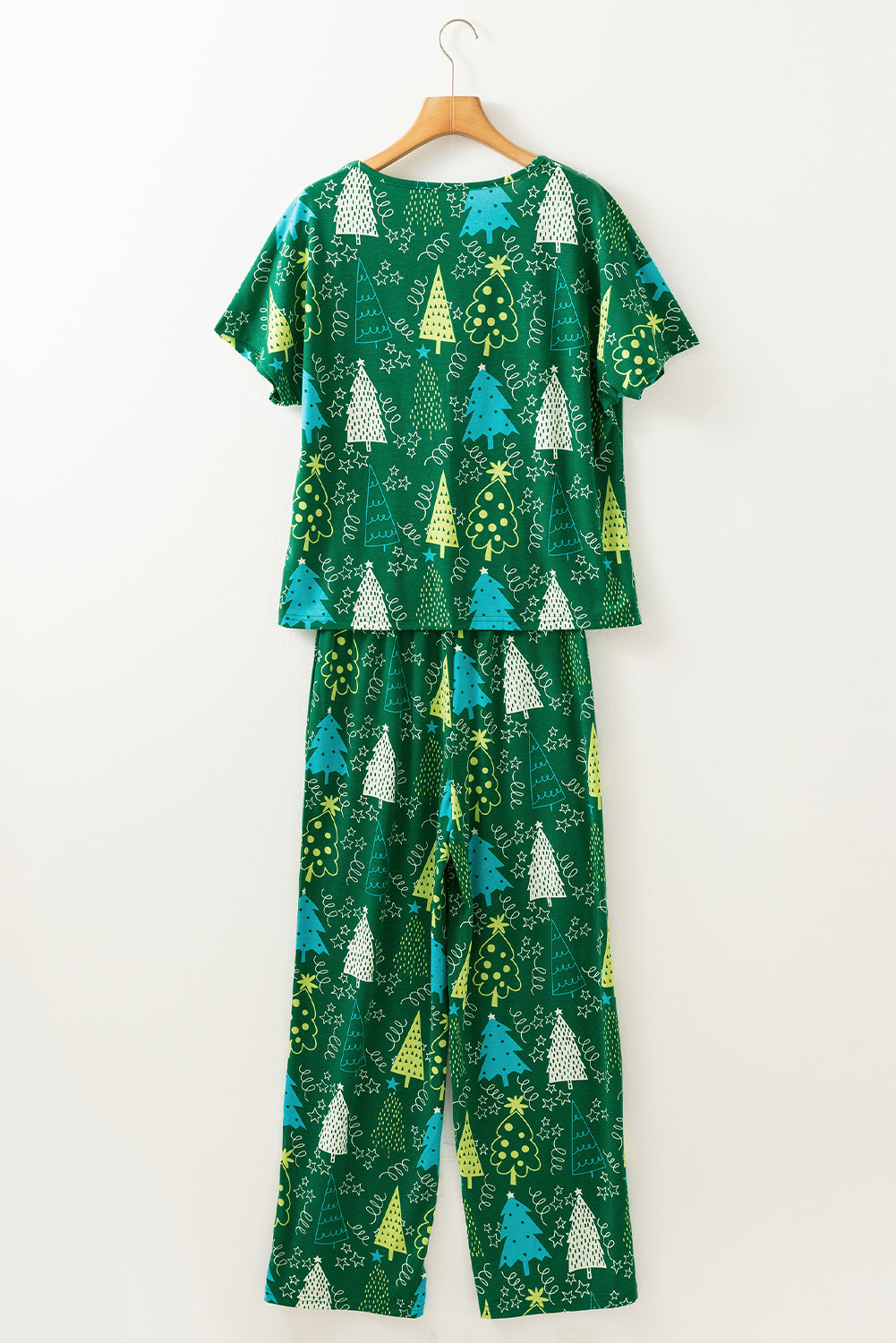 Green Christmas Tree Print V Neck Tee and Pants Pajama Set-Loungewear Set-[Adult]-[Female]-2022 Online Blue Zone Planet