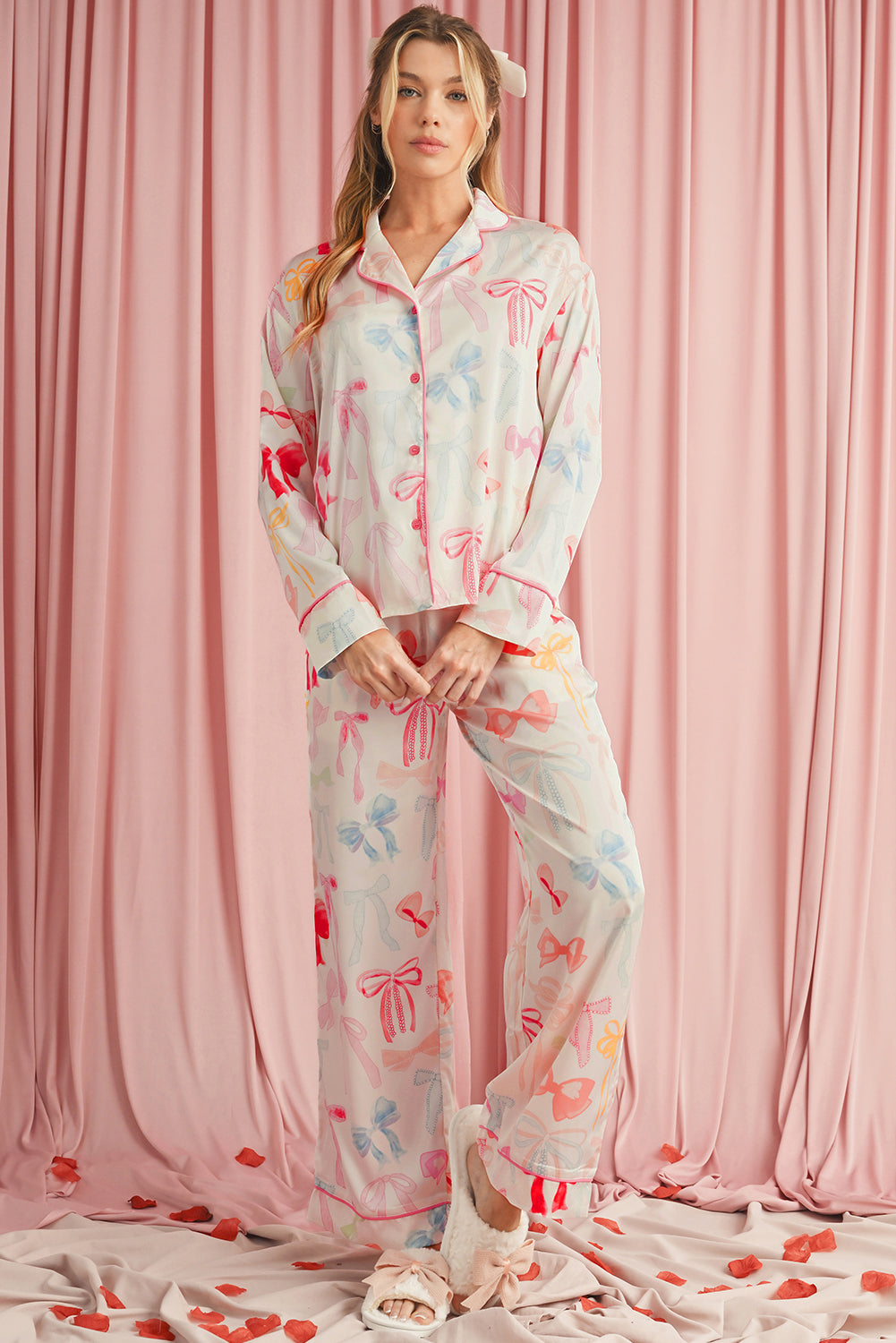 Blue Zone Planet | White Bow Print Lapel Collar Wide Leg Satin Pajama Set-Loungewear Set-[Adult]-[Female]-2022 Online Blue Zone Planet