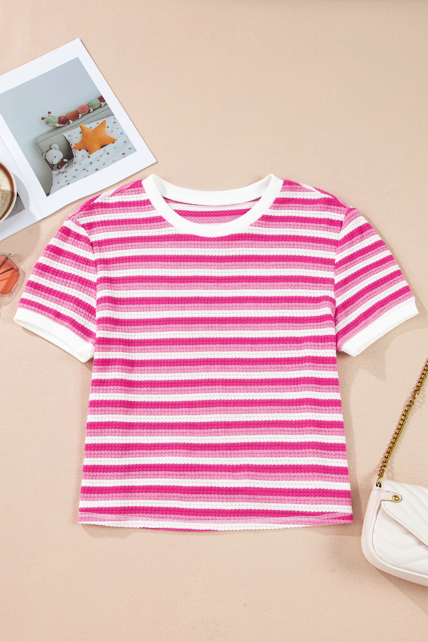 Sachet Pink Textured Knit Short Sleeve Crossed Detail Tee-Tops/Tops & Tees-[Adult]-[Female]-2022 Online Blue Zone Planet