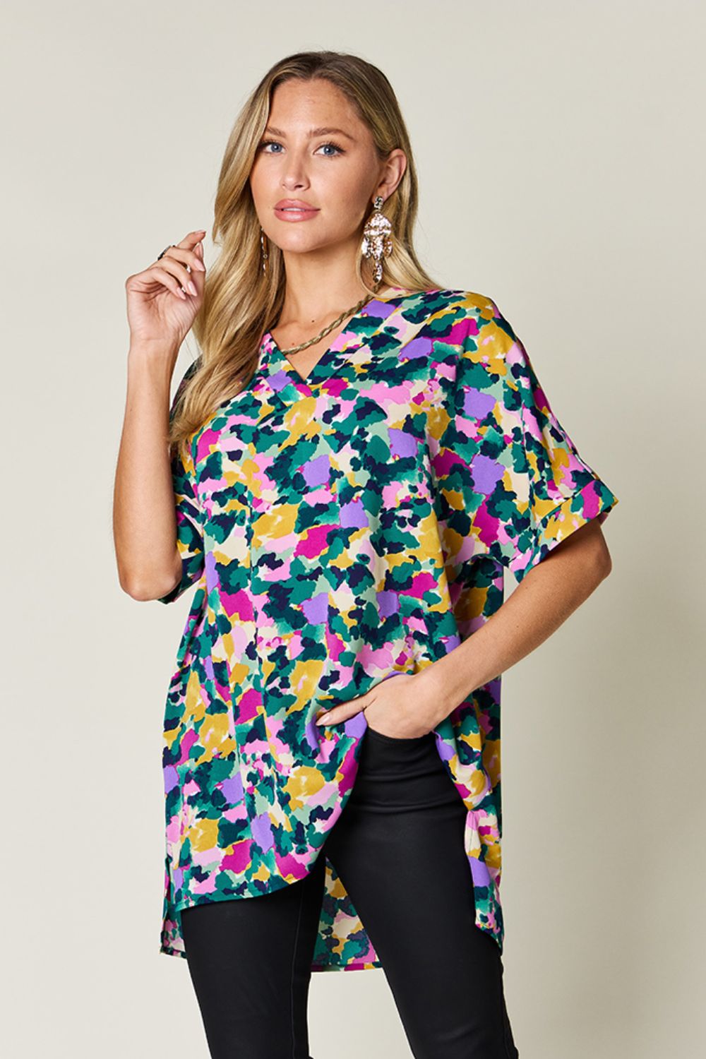 Blue Zone Planet | Double Take Full Size Printed V-Neck Short Sleeve Side Slit Top-TOPS / DRESSES-[Adult]-[Female]-Green-S-2022 Online Blue Zone Planet