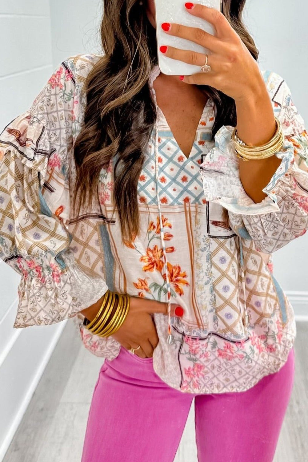 Multicolour Boho Floral Patched Ruffled Sleeve Tied Neck Blouse-Tops/Blouses & Shirts-[Adult]-[Female]-Multicolour-S-2022 Online Blue Zone Planet