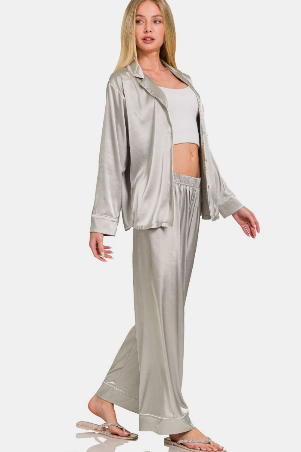 Zenana Satin Long Sleeve Shirt and Pants Pajama Set-TOPS / DRESSES-[Adult]-[Female]-2022 Online Blue Zone Planet